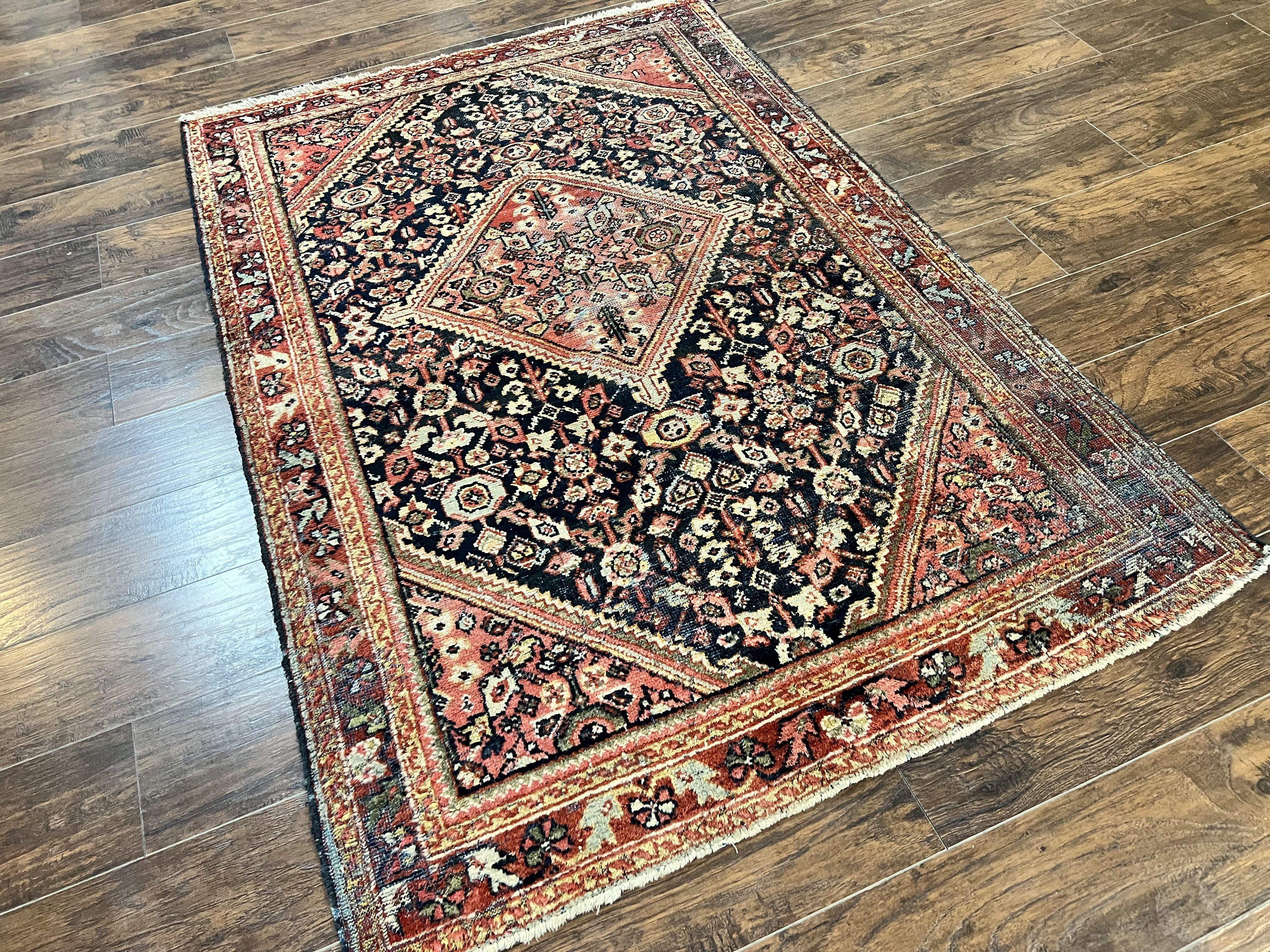 Antique Persian Mahal Rug 4x7, Wool Hand Knotted Tribal Geometric Carpet