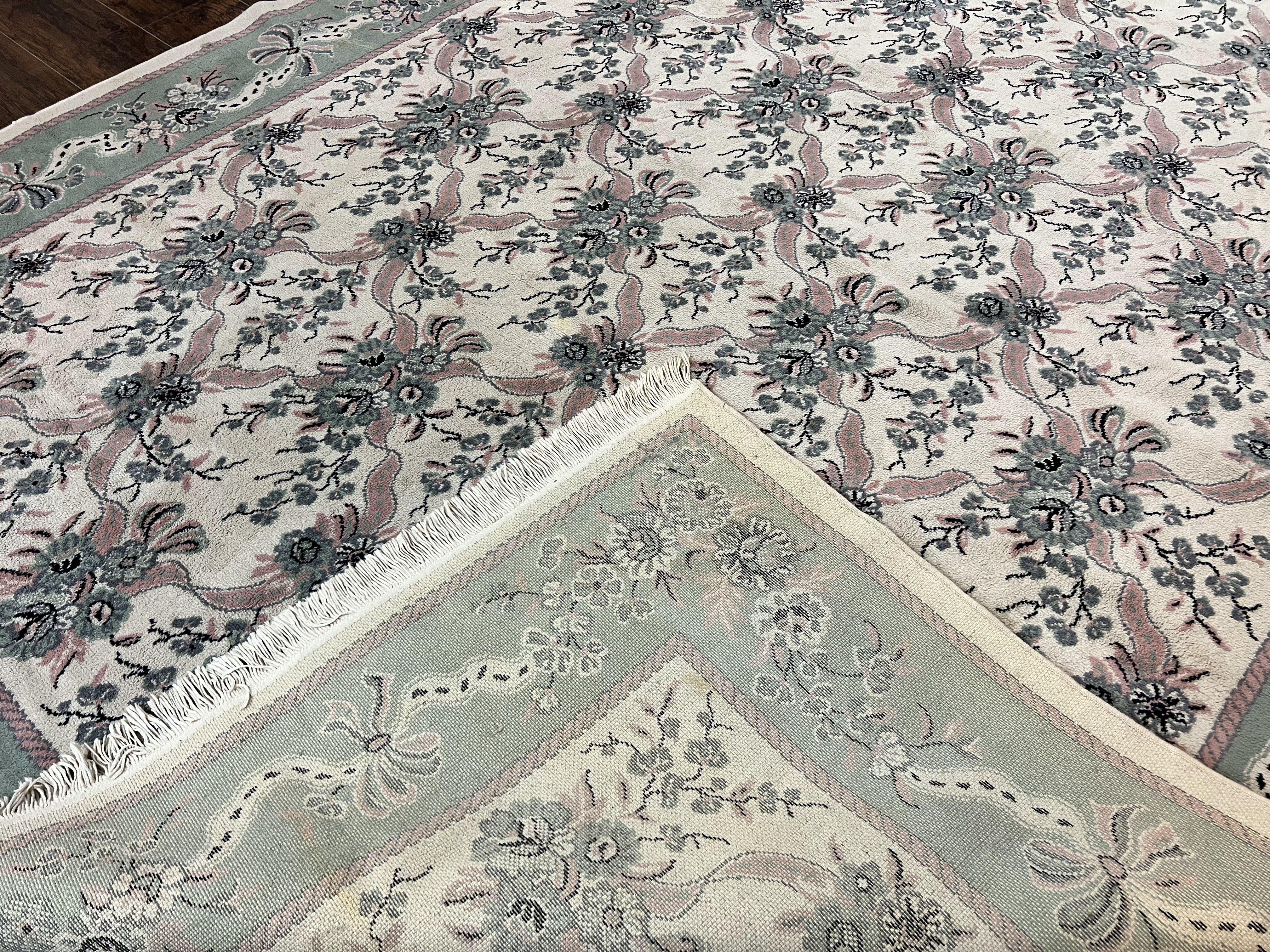 Belgium Power Loomed Rug 8x11, Ivory and Green, Wool Carpet, Floral