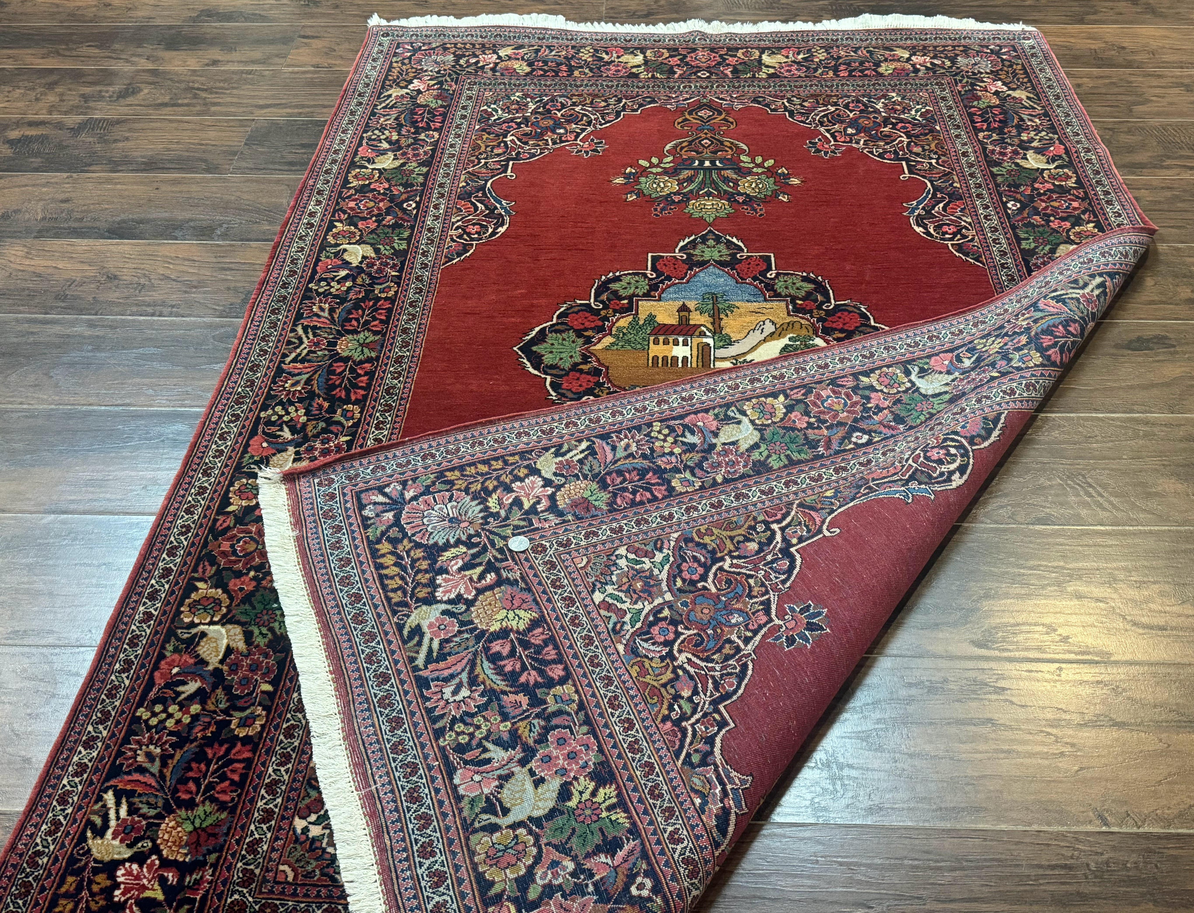 Red Persian Kashan Rug 4x6, Very Fine 260 KPSI, Red and Navy Blue Persian Carpet, Semi Open Field