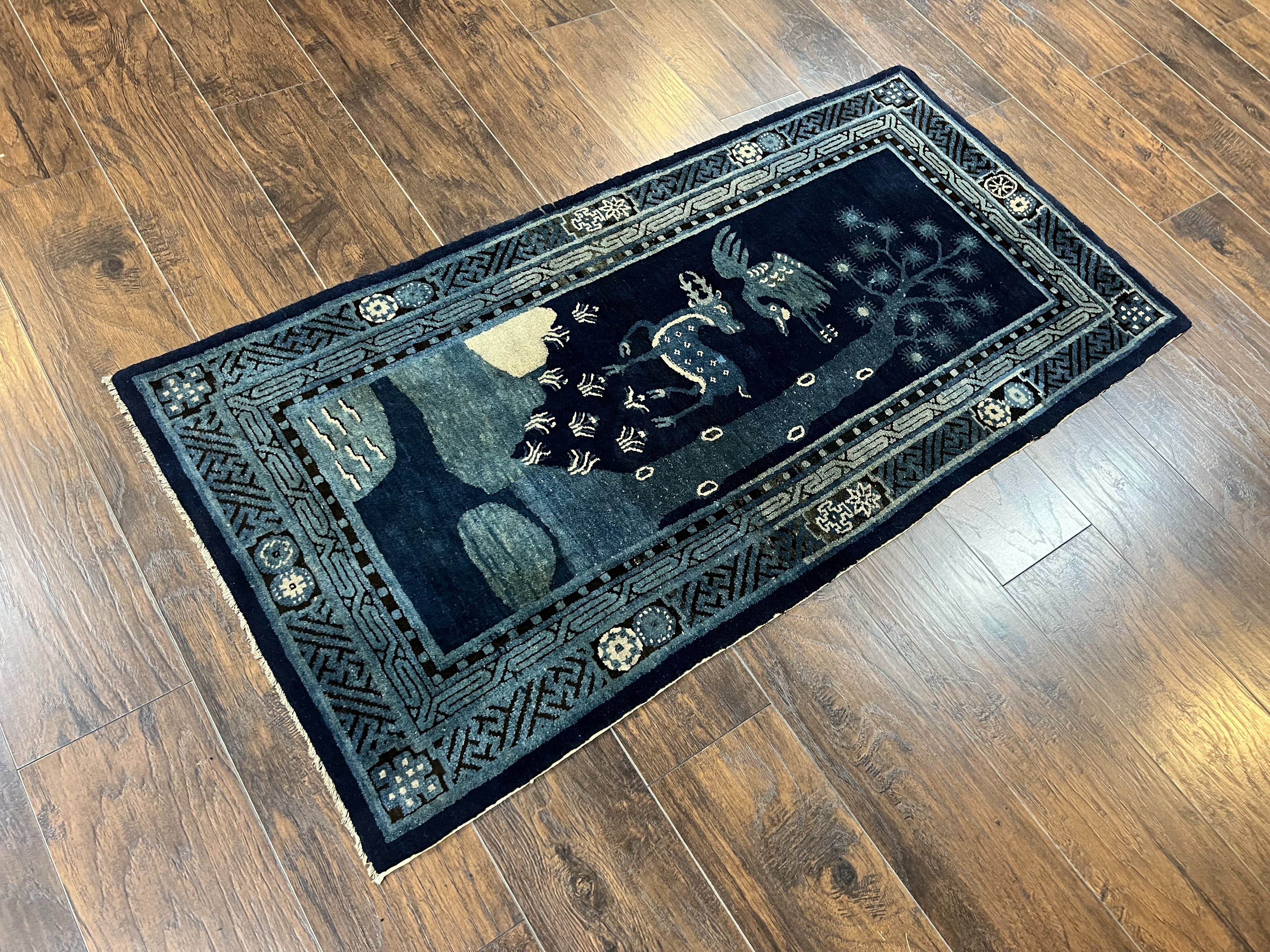 Antique Chinese Peking Rug 3x5, Dark Blue Chinese Wool Rug 3 x 5, Animal Pictorials Deer Birds, Handmade Asian Oriental Chinese Carpet
