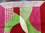 European Shag Rug 4.8 x 4.8, Modern Abstract Design, Green Pink Red, Square Shag Rug, Unique