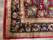 Rare Persian Almost Square Rug 6.3 x 5.3, Hand Knotted Wool Antique 1920s Sarouk Oriental Carpet, Red Navy Blue Beige, Floral Allover, 5x6 Area Rug