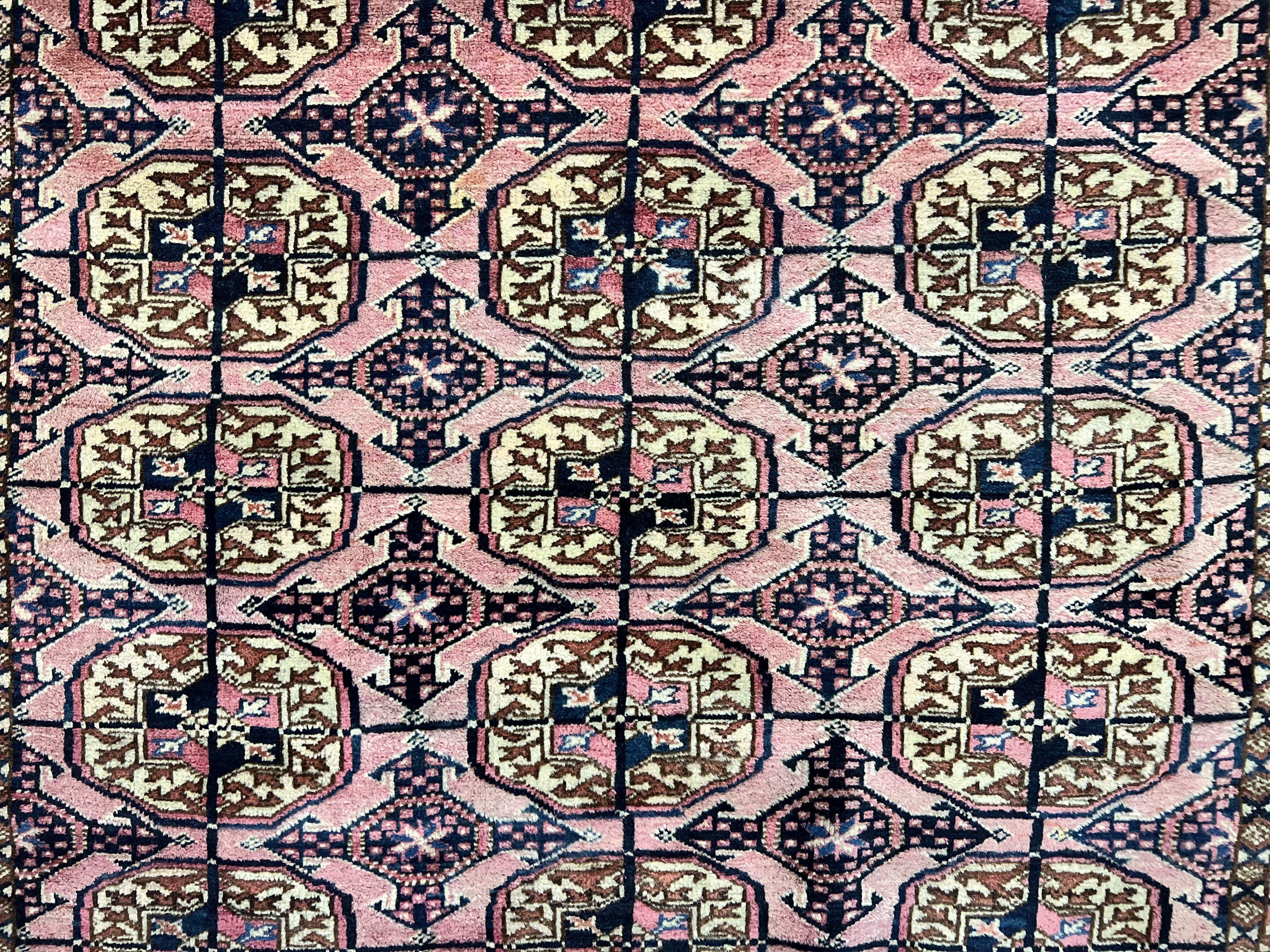 Persian Turkoman Rug 4x6, Wool Hand Knotted Antique Bokhara Carpet, Red Pink, Handmade Tribal Oriental Rug 4 x 6 ft