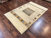 Tibetan Rug 5x8, Contemporary Rug 5 x 8 ft, Cream Brown Blue Hand-Knotted Wool w/ Silk Highlights Tibetan Carpet, Modern Rug