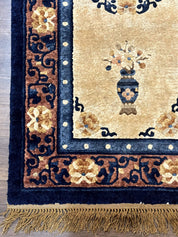 Silk Chinese Rug 2x4, Peking Carpet, Golden-Beige and Blue, Hand Knotted, Simple Design