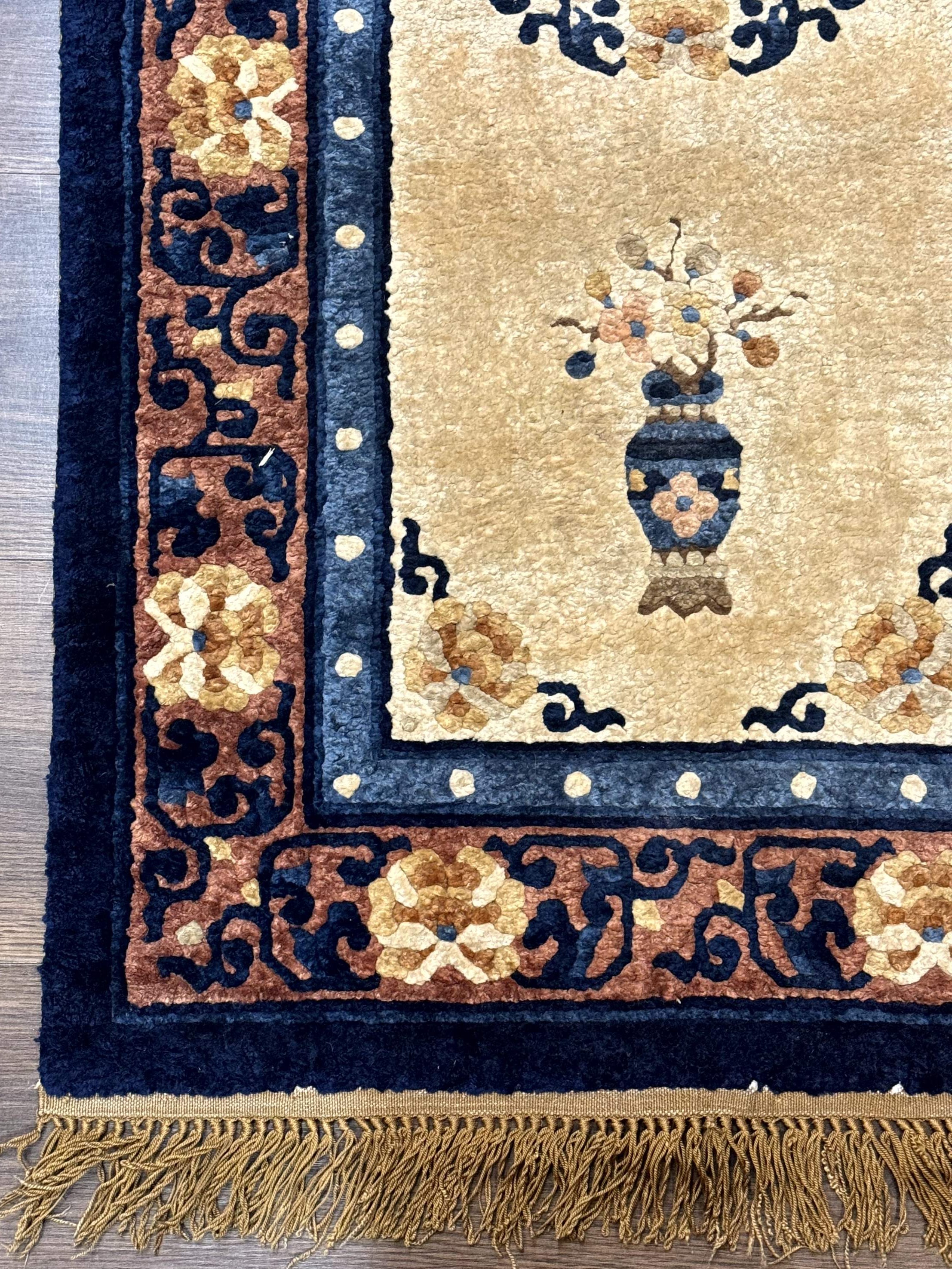 Silk Chinese Rug 2x4, Peking Carpet, Golden-Beige and Blue, Hand Knotted, Simple Design