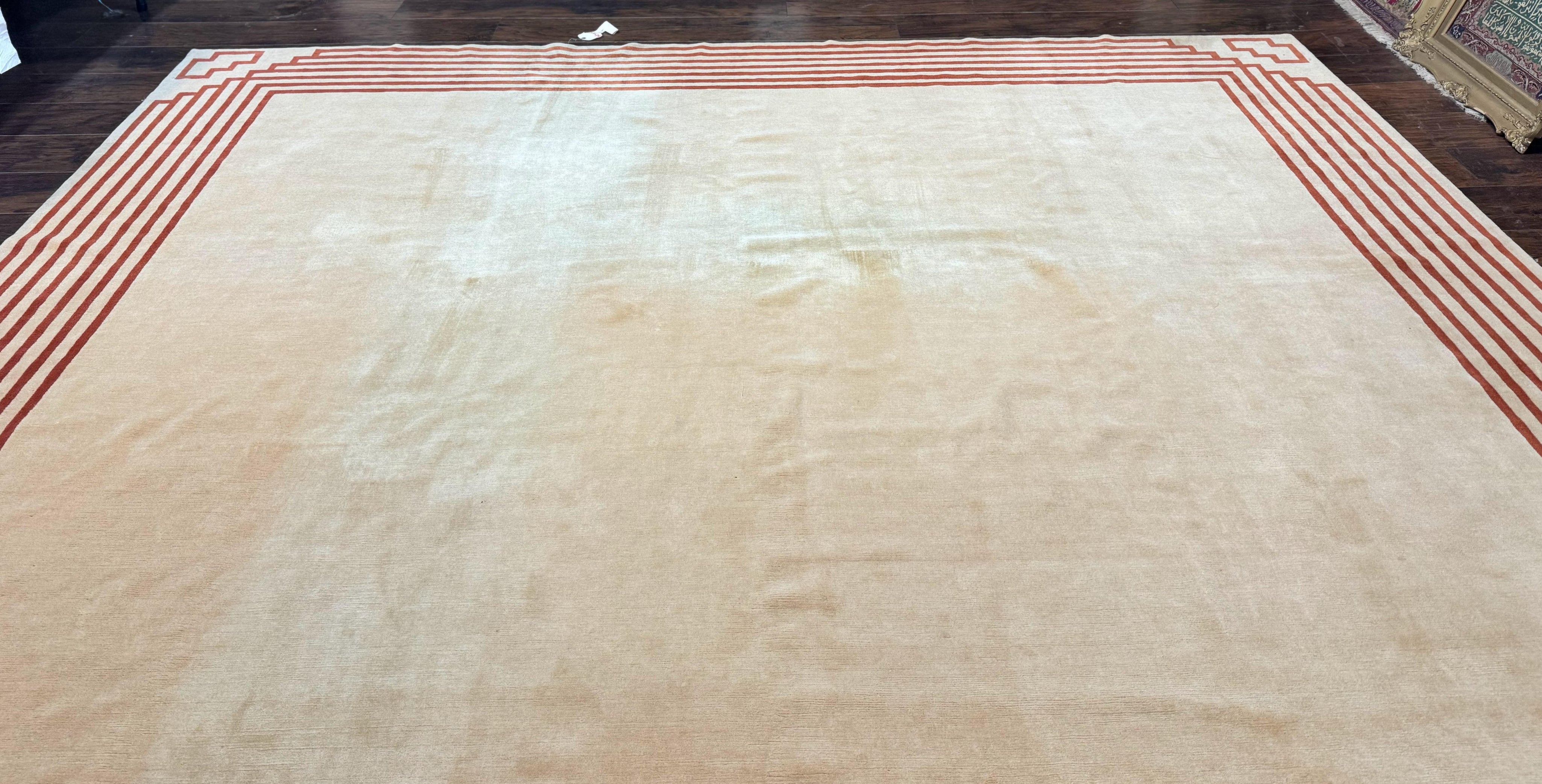 Modern Tibetan Rug 11 x 14.6, Wool and Silk, Simple Design, Handmade Large Area Rug, Cream