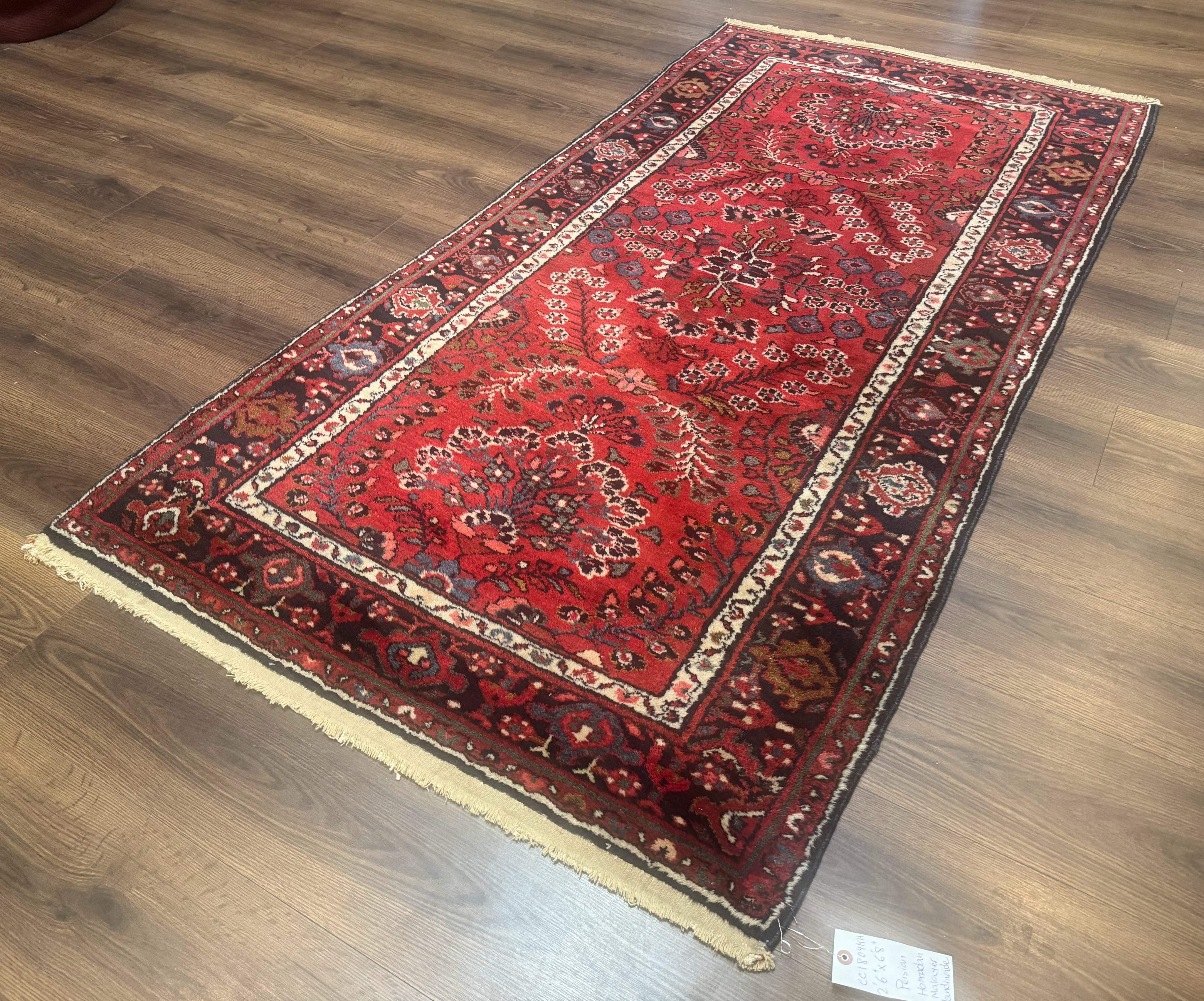 Red Persian Rug 2.6 x 6.8, Floral, Antique Per'sian Carpet, Persian Malayer Rug, Hamadan Rug