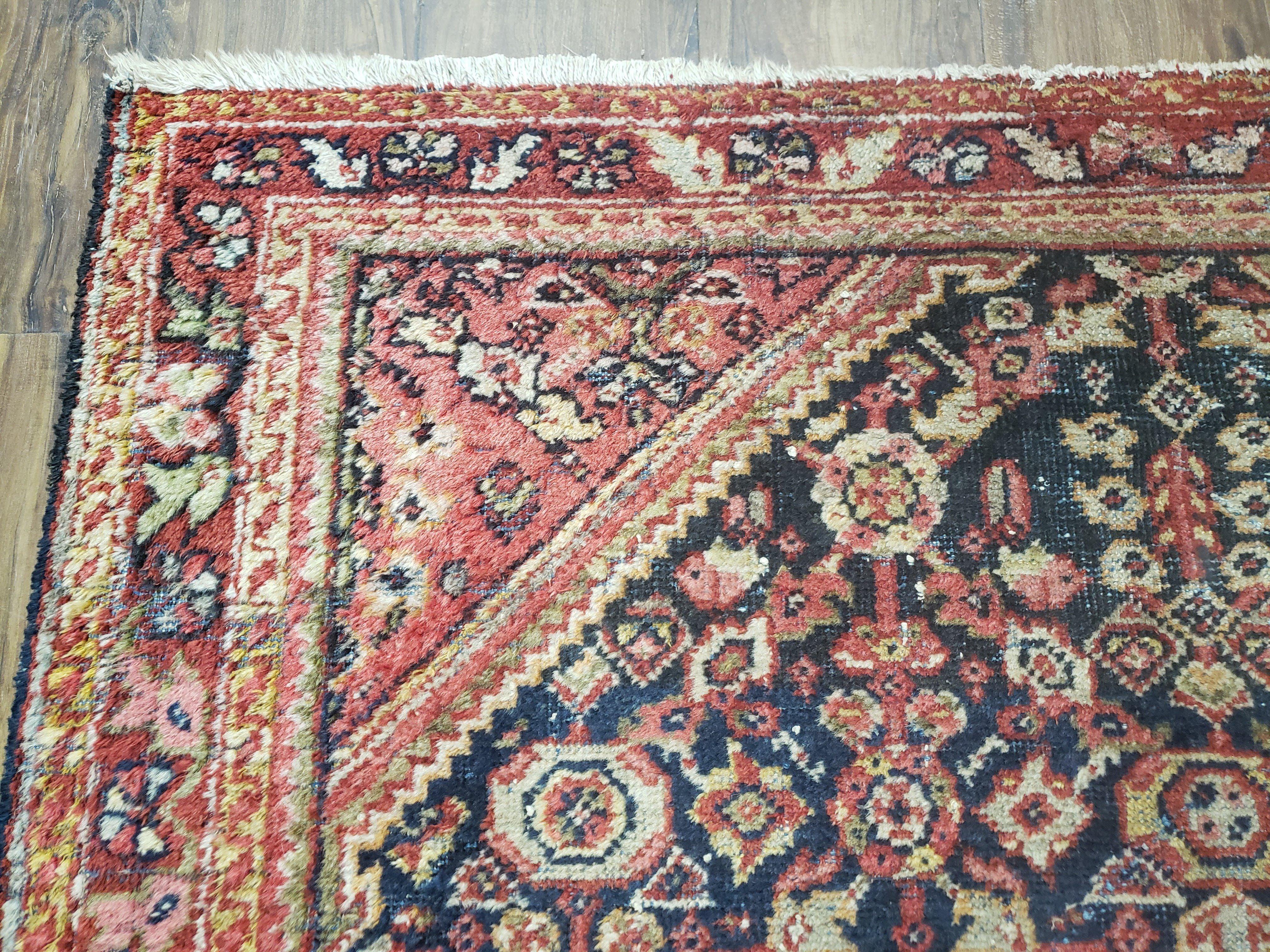 Antique Persian Mahal Area Rug 4.4 x 6.6, Wool Hand-Knotted Shabby Chic Oriental Rug, Red Black 1930s Foyer Room Carpet, Low Pile Boho Rug