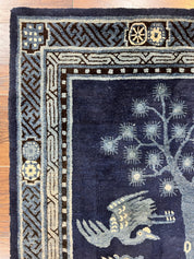Antique Chinese Peking Rug 3x5, Dark Blue Chinese Wool Rug 3 x 5, Animal Pictorials Deer Birds, Handmade Asian Oriental Chinese Carpet