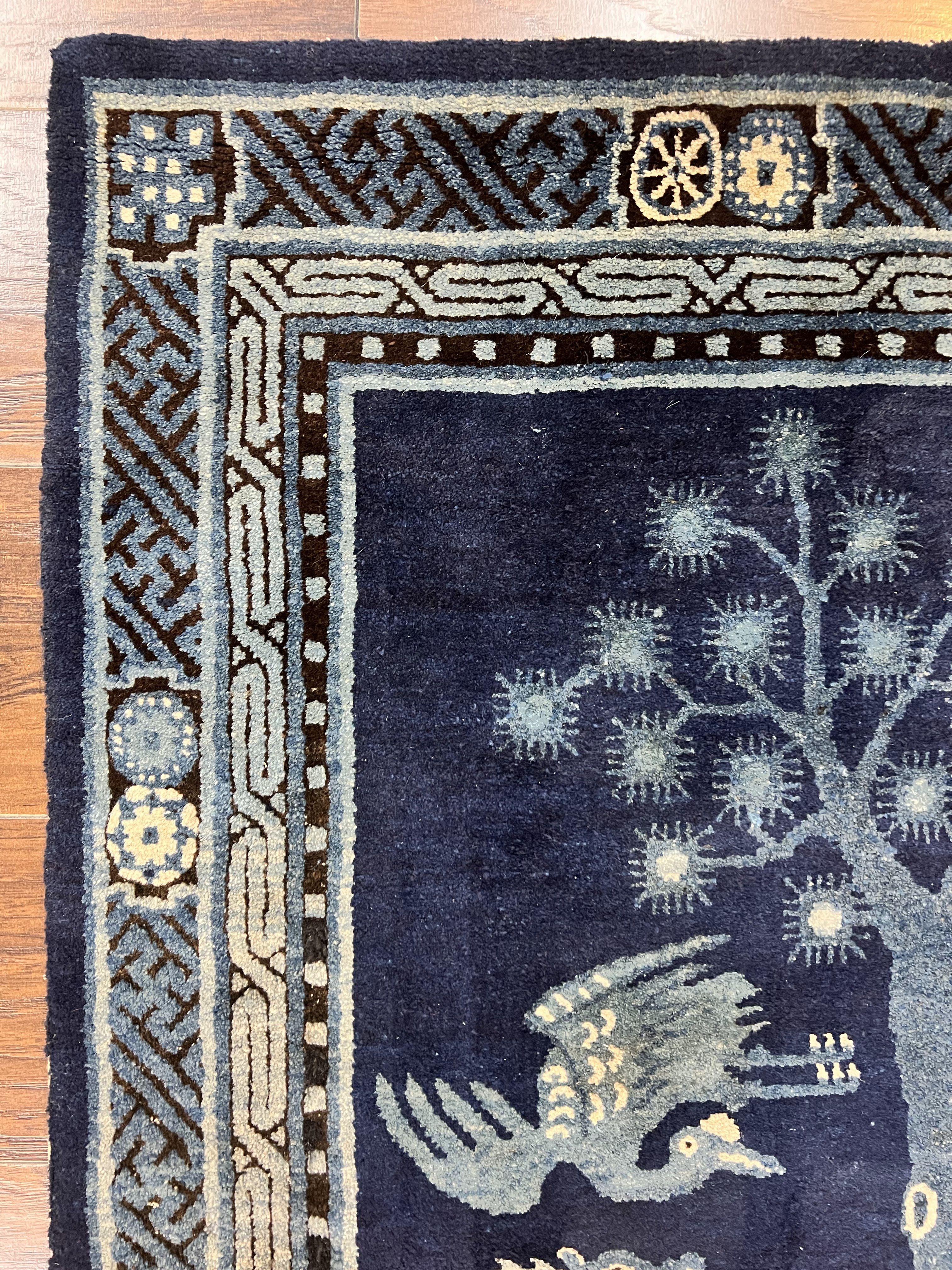 Antique Chinese Peking Rug 3x5, Dark Blue Chinese Wool Rug 3 x 5, Animal Pictorials Deer Birds, Handmade Asian Oriental Chinese Carpet