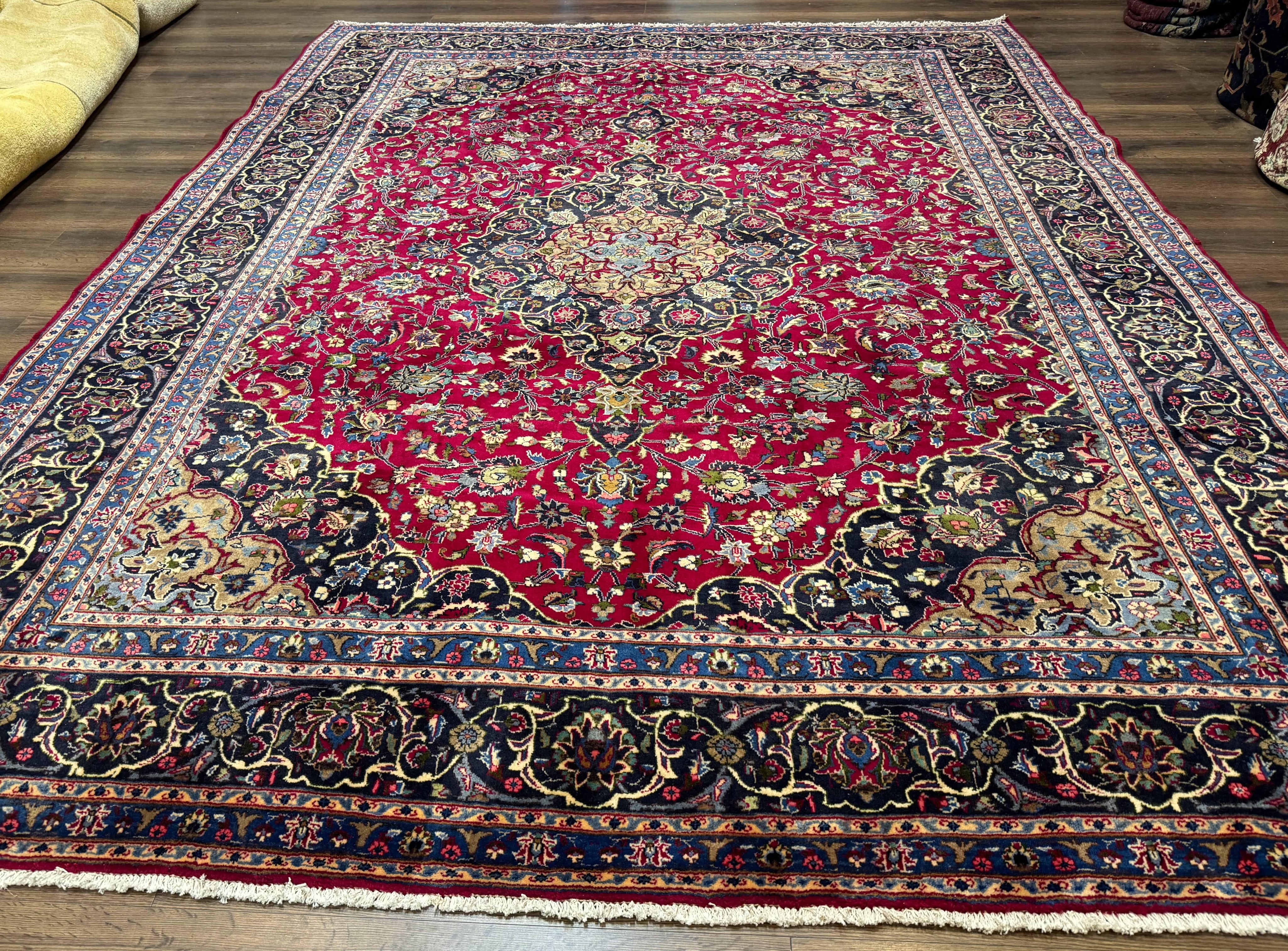 Traditional Persian Rug 8x11, Red Navy Blue, Floral Medallion, Antique Persian Mashad Carpet, Wool