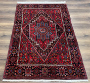 Fine Persian Bidjar Rug 3x5 ft, Ruby Red and Black, Geometric Medallion, Hand Knotted Semi Antique Oriental Bijar Carpet, Wool Area Rug, Tribal Rug