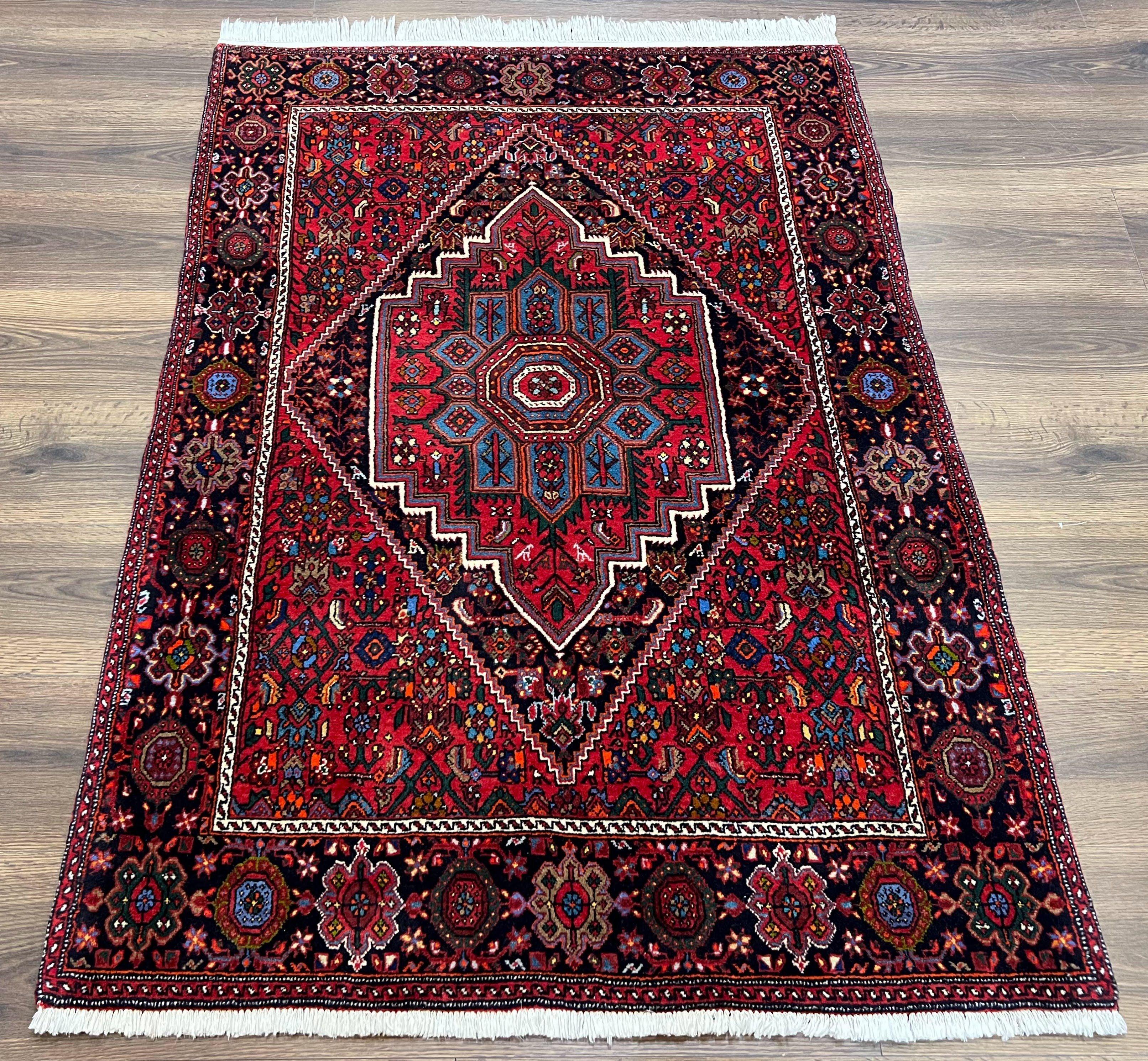 Fine Persian Bidjar Rug 3x5 ft, Ruby Red and Black, Geometric Medallion, Hand Knotted Semi Antique Oriental Bijar Carpet, Wool Area Rug, Tribal Rug