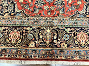 Red Persian Kashan Rug 10x14, Hand-Knotted Semi Antique Floral Medallion Handmade Wool Carpet, Red & Navy Blue