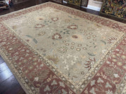 Large Turkish Soumak Rug 10x14, Flatweave Dhurrie, Handmade, Light Green and Salmon