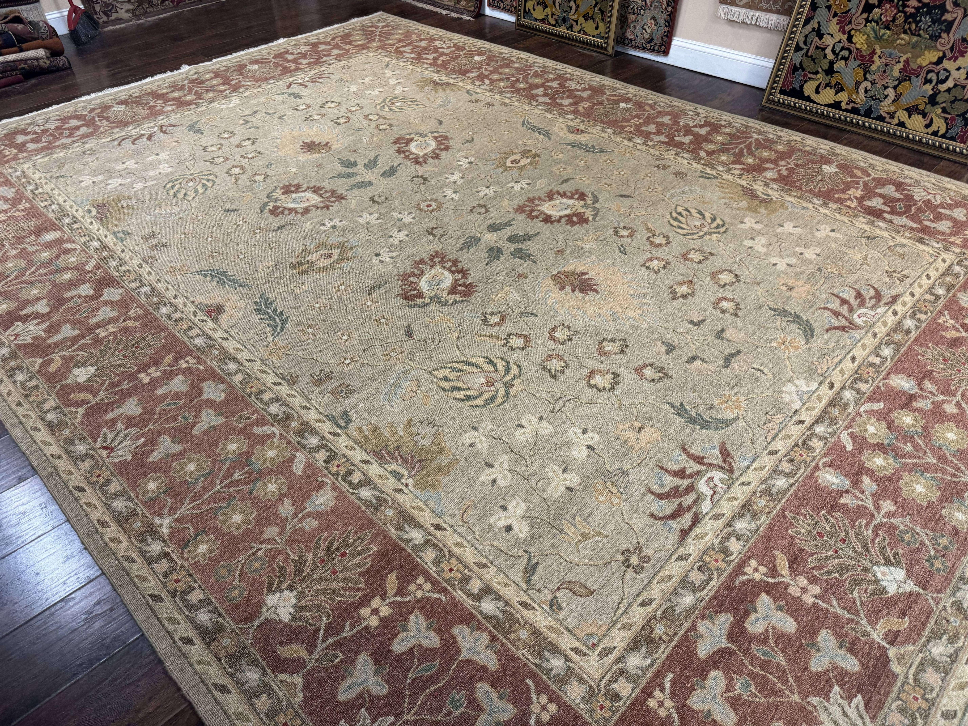 Large Turkish Soumak Rug 10x14, Flatweave Dhurrie, Handmade, Light Green and Salmon