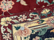 Indo Persian Rug 8x10, Floral Allover with Bird Pictorials, Maroon and Navy Blue, Handmade Wool Area Rug