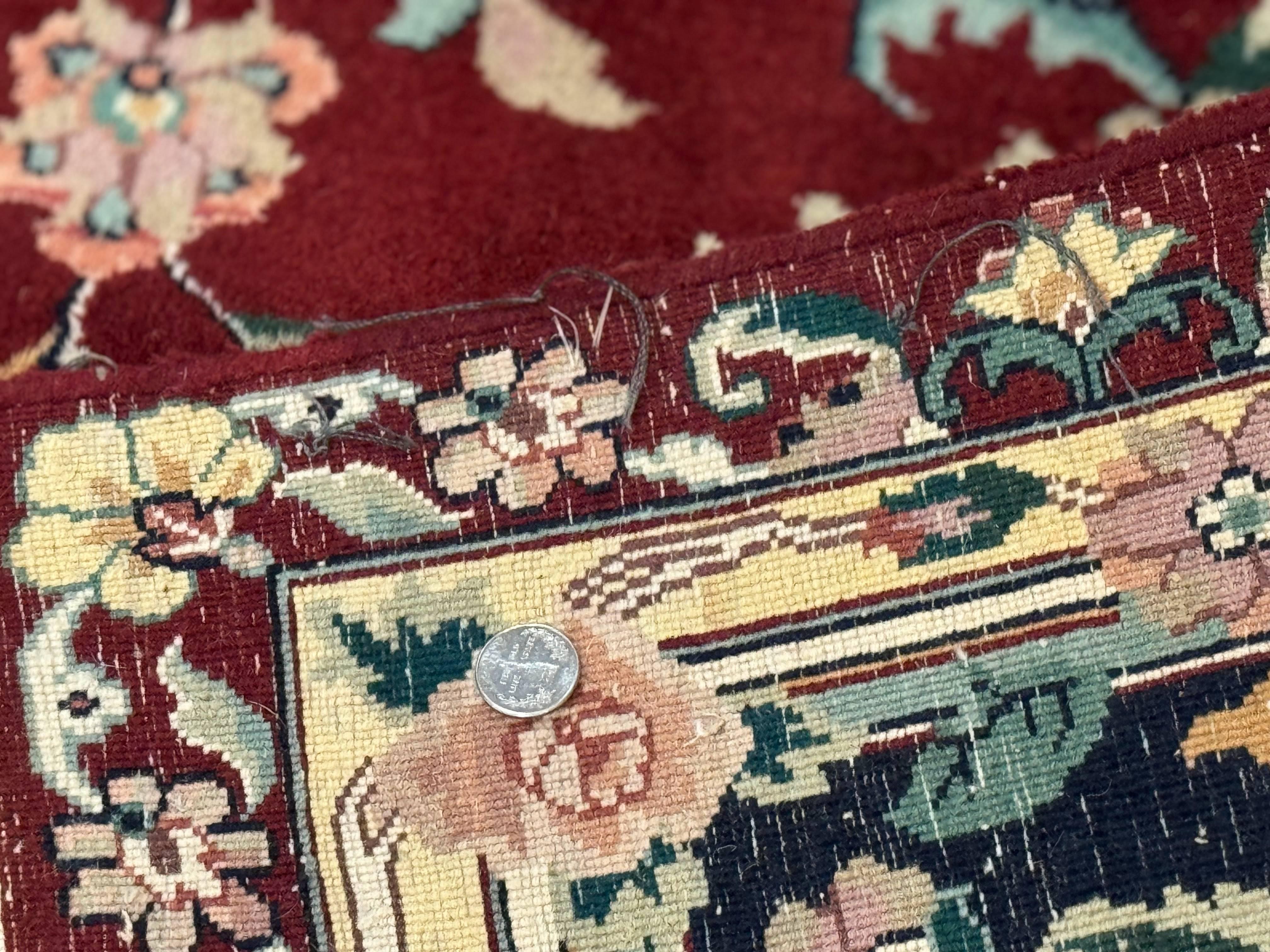 Indo Persian Rug 8x10, Floral Allover with Bird Pictorials, Maroon and Navy Blue, Handmade Wool Area Rug