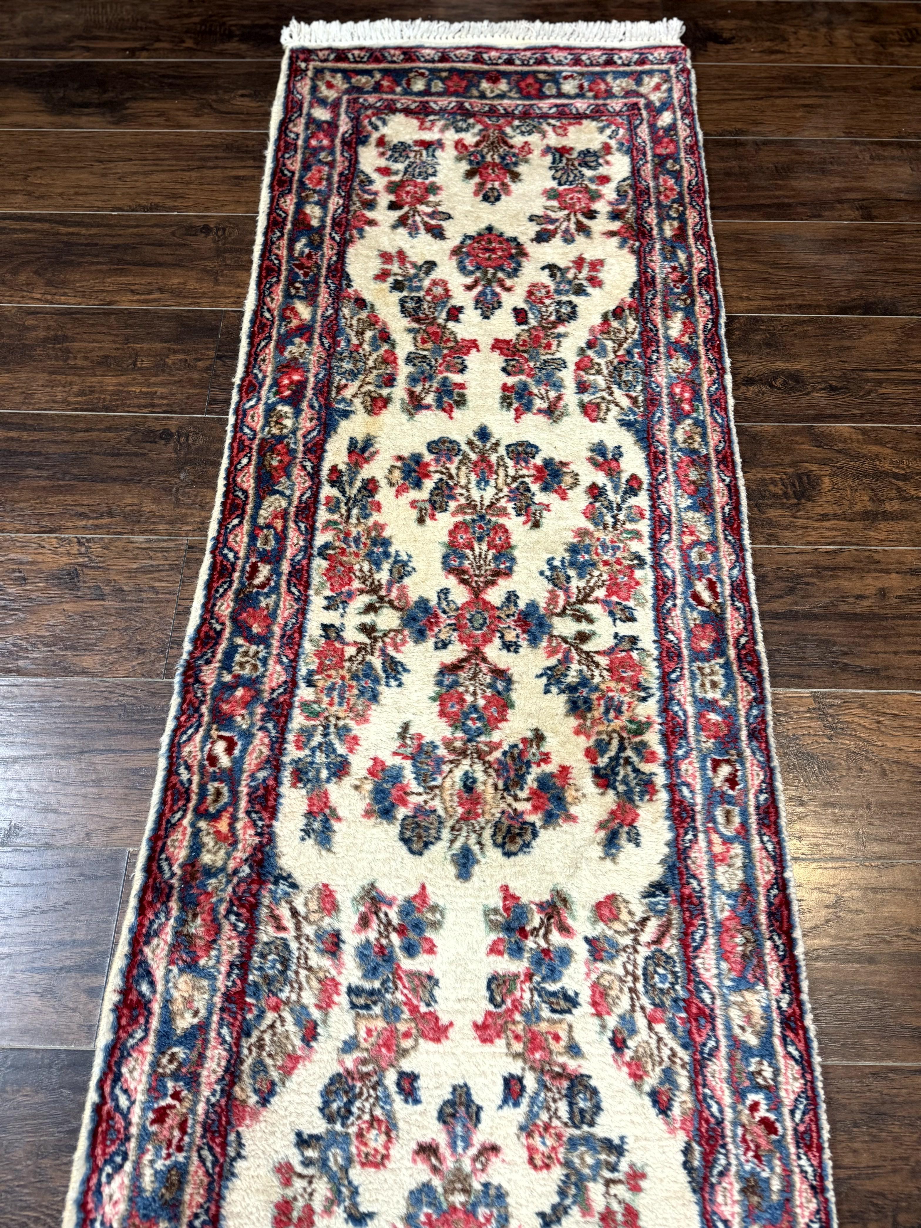 Persian Sarouk Runner Rug 2.4 x 21, Handmade Wool Floral Runner Rug for Hallway, 21ft Runner, Ivory