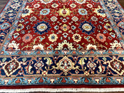 Indo Heriz Rug 8x10, Red and Navy Blue, Allover Pattern, Wool Handmade Carpet