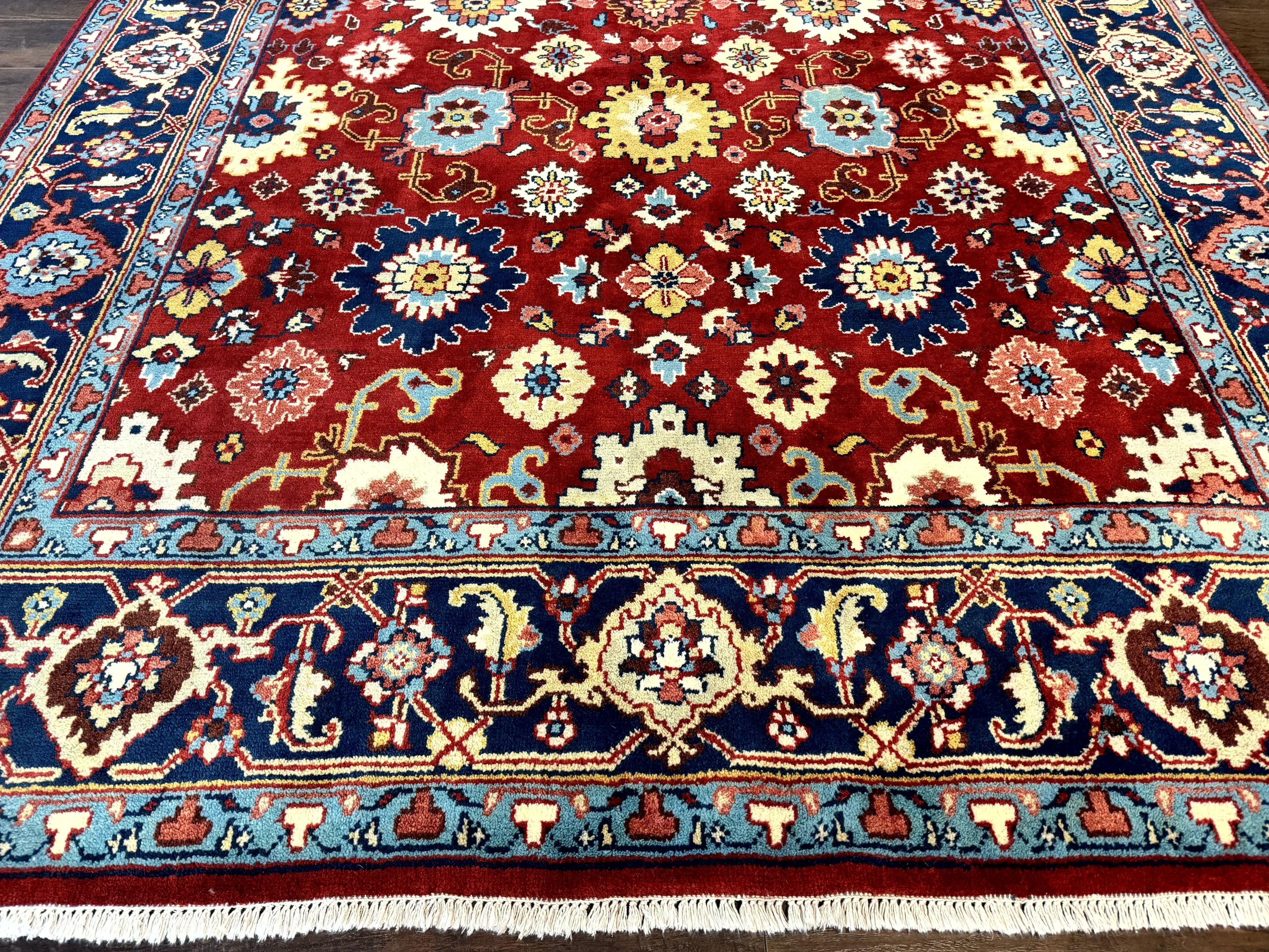 Indo Heriz Rug 8x10, Red and Navy Blue, Allover Pattern, Wool Handmade Carpet