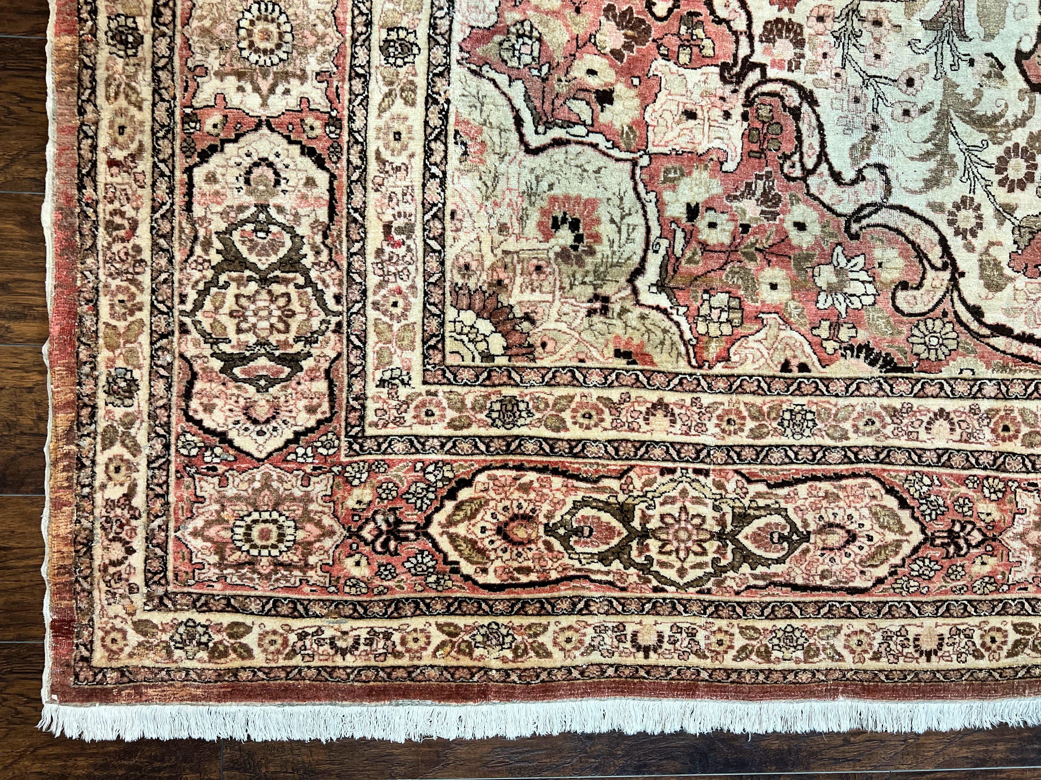 Antique Persian Tabriz Rug 10x12, Wool Hand Knotted Oriental Carpet, Beige Light Red, Floral Medallion