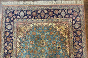 Light Blue Persian Isfahan Rug 5x8, Floral Medallion, Wool on Silk Foundation, Very Fine 530 KPSI, Handmade Carpet