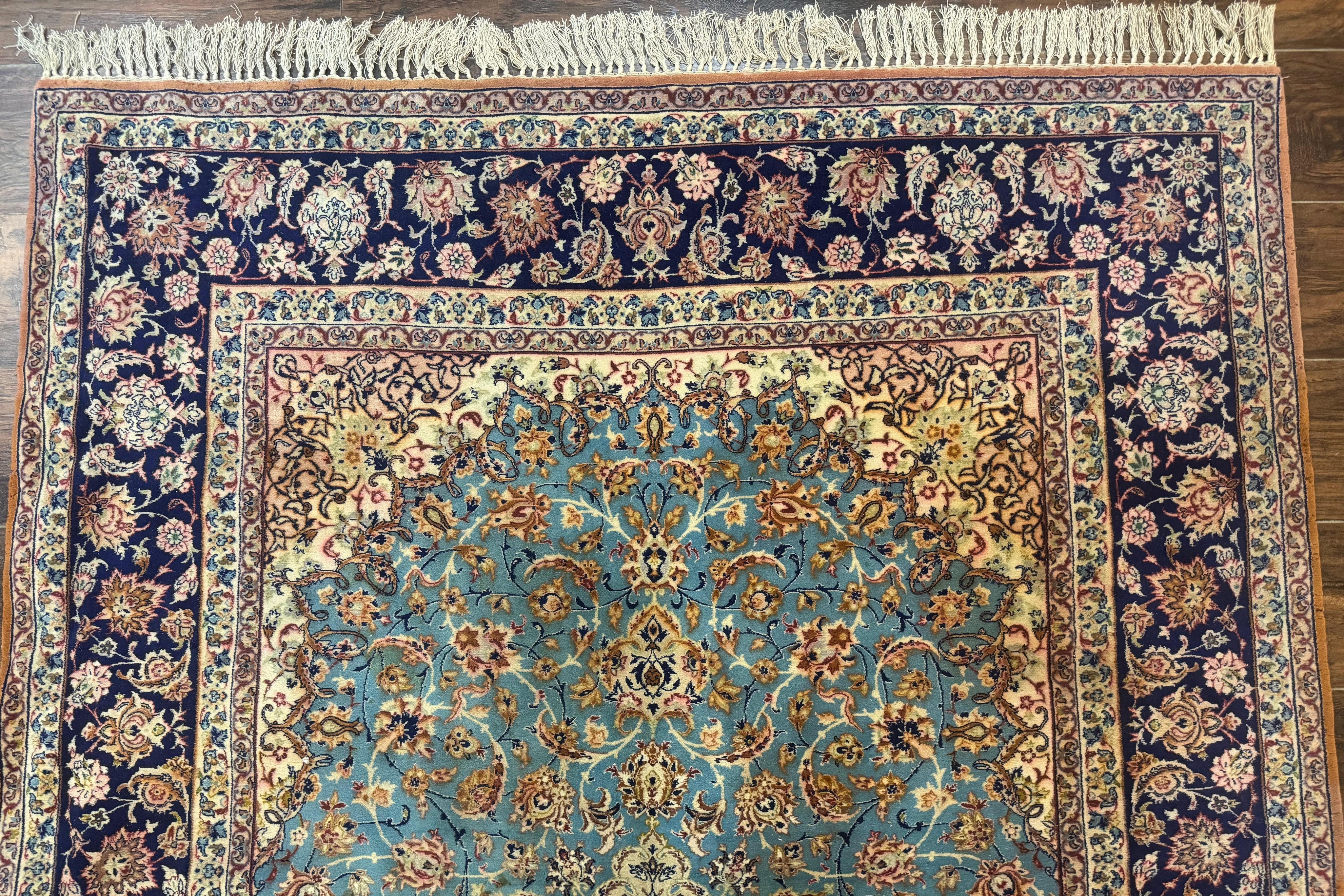 Light Blue Persian Isfahan Rug 5x8, Floral Medallion, Wool on Silk Foundation, Very Fine 530 KPSI, Handmade Carpet