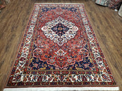 Semi Antique Persian Bakhtiari Rug, Hand-Knotted, Wool, Red, Midnight Blue, Ivory, Floral Medallion, 5'1" x 8' 6"