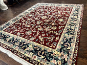 Indo Persian Rug 8x10, Floral Allover with Bird Pictorials, Maroon and Navy Blue, Handmade Wool Area Rug