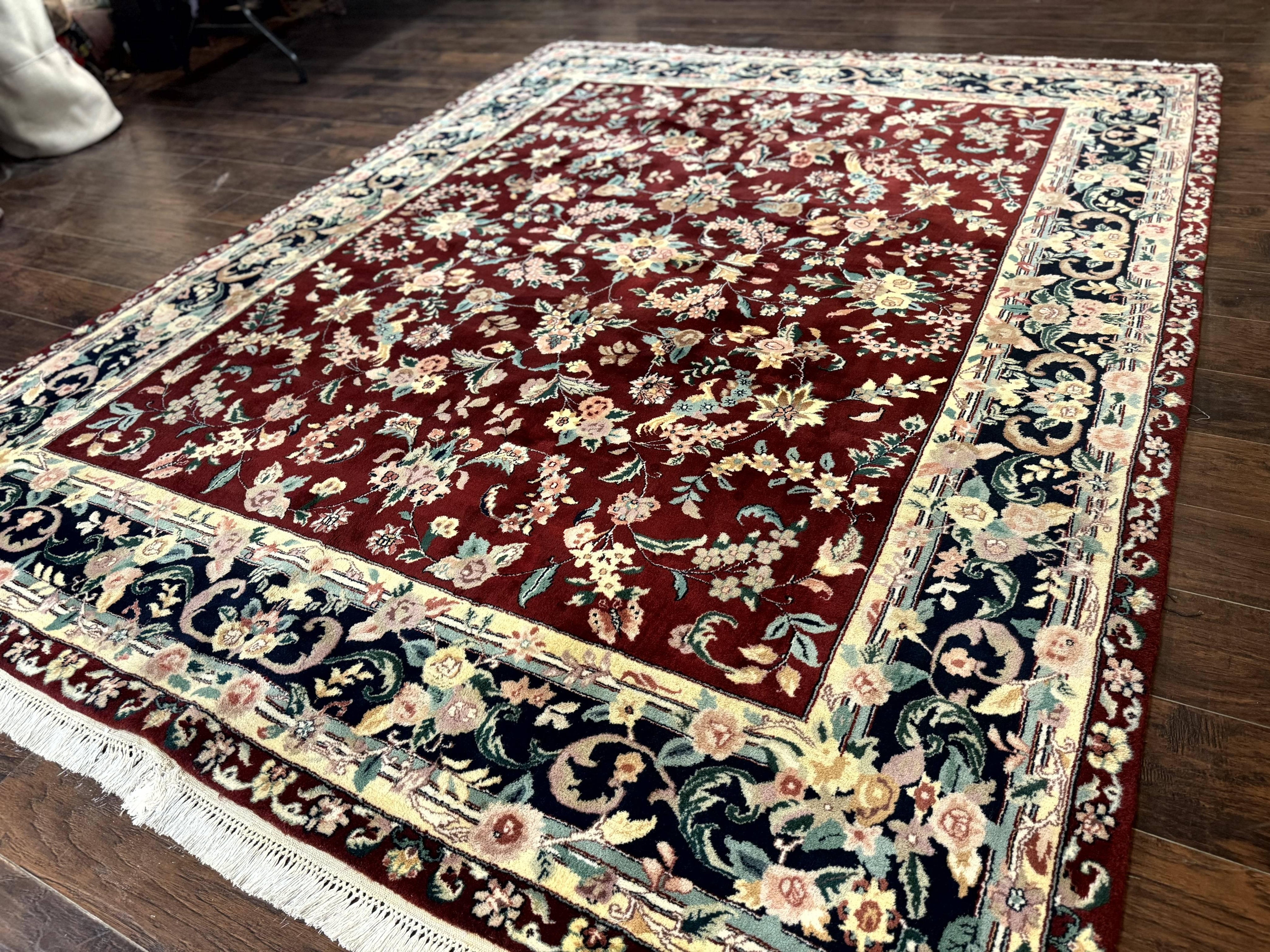 Indo Persian Rug 8x10, Floral Allover with Bird Pictorials, Maroon and Navy Blue, Handmade Wool Area Rug