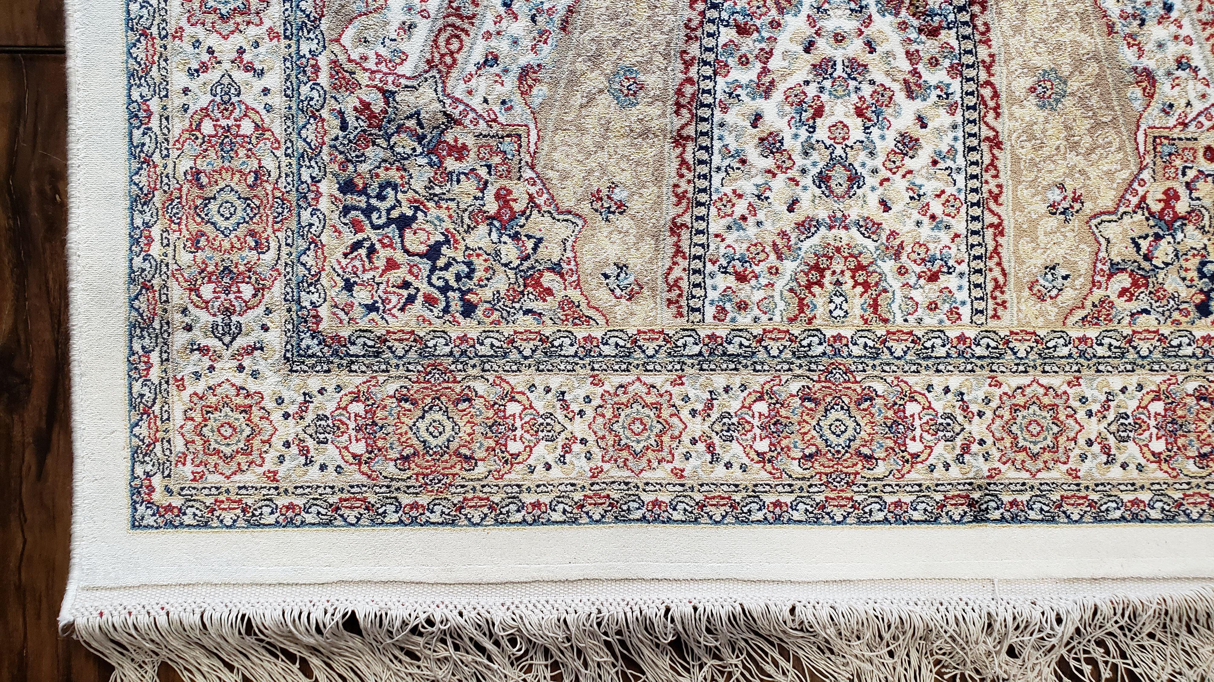 Beige & Cream Small Turkish Silk Rug, Bamboo Silk, Power-Loomed, Persian Design, High Quality, Soft Accent Rug, 3x5 ft, 2' 8" x 4' 11"