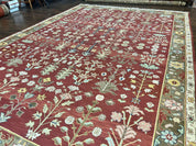 Indian Rug 10x14, Wool Hand Knotted Flatweave Carpet, Tree of Life, Red and Green