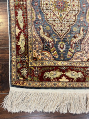 Silk Turkish Hereke Rug 2x3, Peacocks Birds, Signature from Master Weaver, Super Finely Hand Knotted 550 KPSI, Animal Pictorials