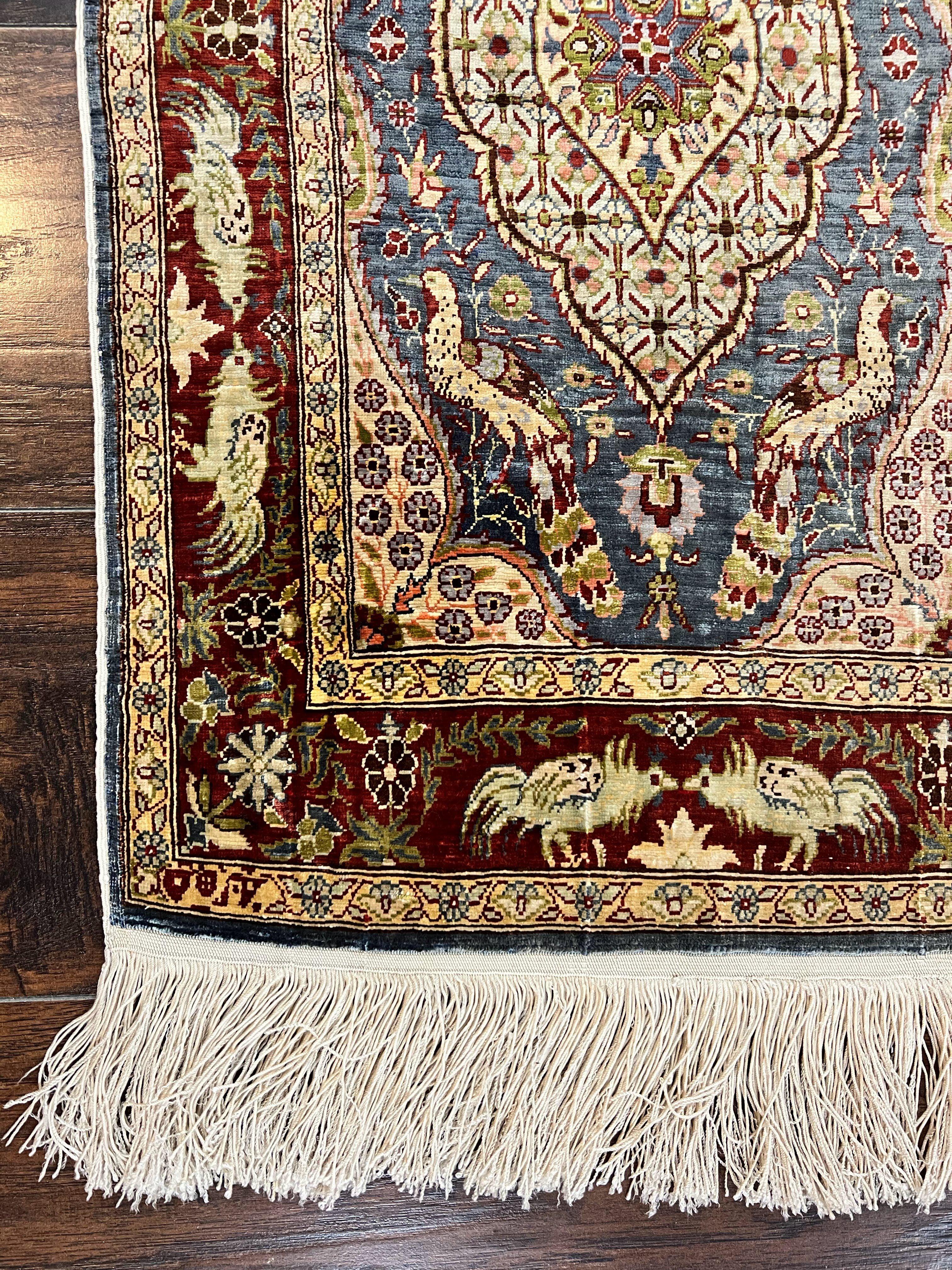 Silk Turkish Hereke Rug 2x3, Peacocks Birds, Signature from Master Weaver, Super Finely Hand Knotted 550 KPSI, Animal Pictorials