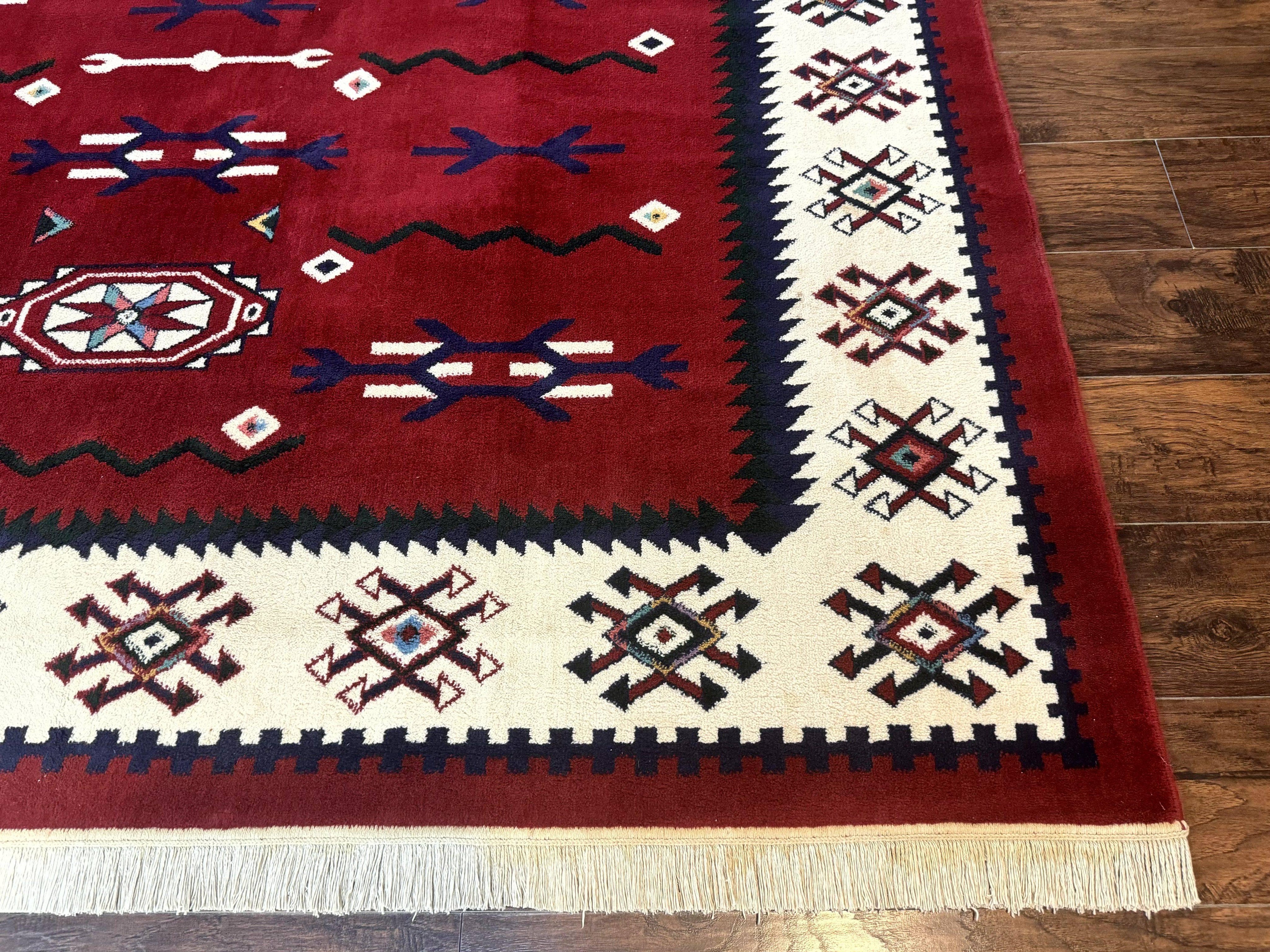 Belgium Power Loomed Rug 8x11, Navajo Native American Design, Dark Red and Ivory, Tribal Rug, Bohemian Carpet