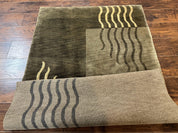 Modern Tibetan Wool Rug 3.6 x 5.6, Shades of Green, Abstract Design