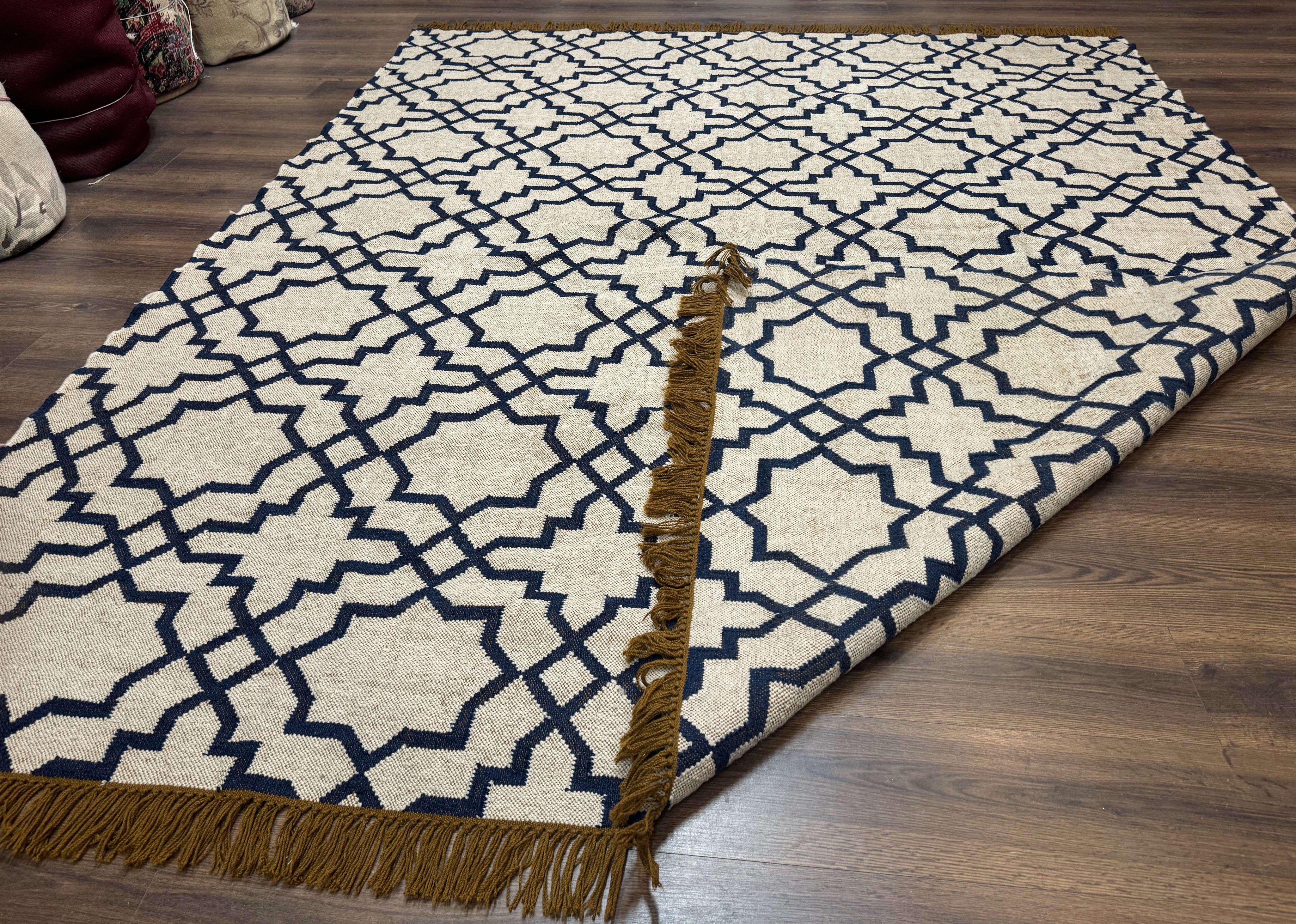 Indian Kilim Rug 8x10, Oat and Navy Blue, Dhurrie Carpet, Handmade, Wool