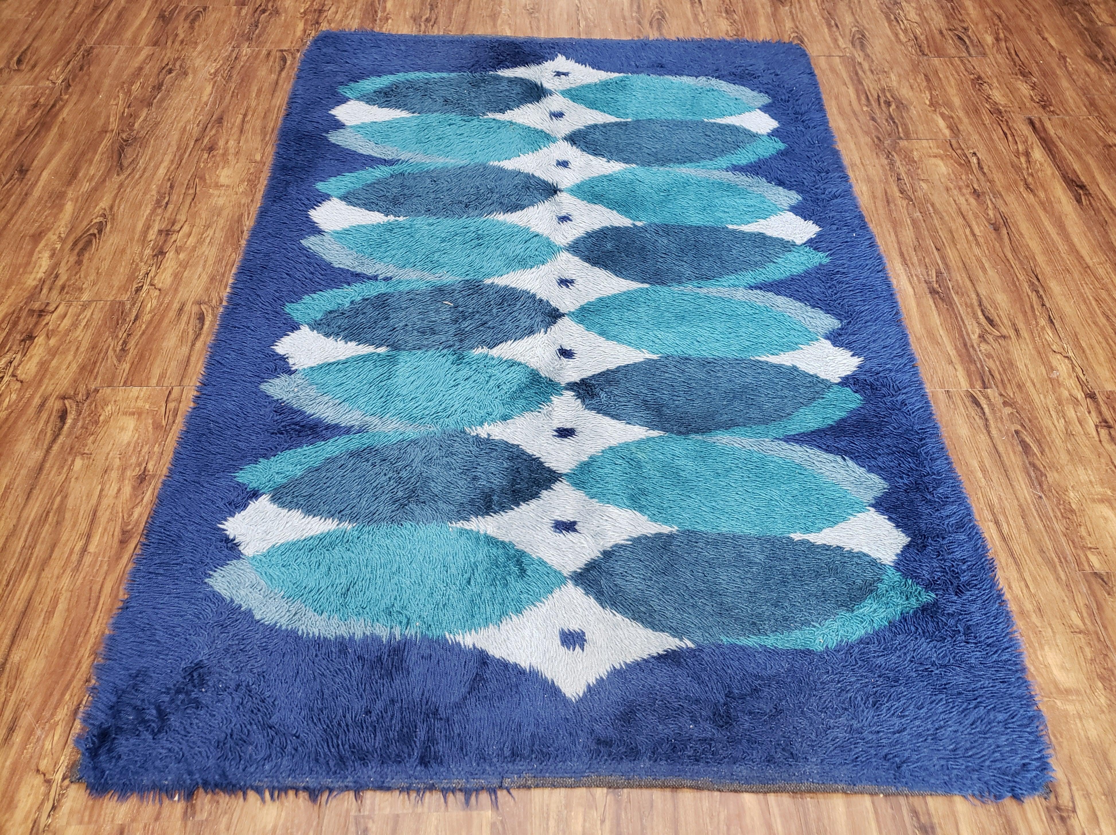 Blue Rya Rug, 1960s Mid-Century Modern Danish Shag Rug 4'6" x 6'7", Ege Rya, Abstract