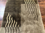 Modern Tibetan Wool Rug 3.6 x 5.6, Shades of Green, Abstract Design