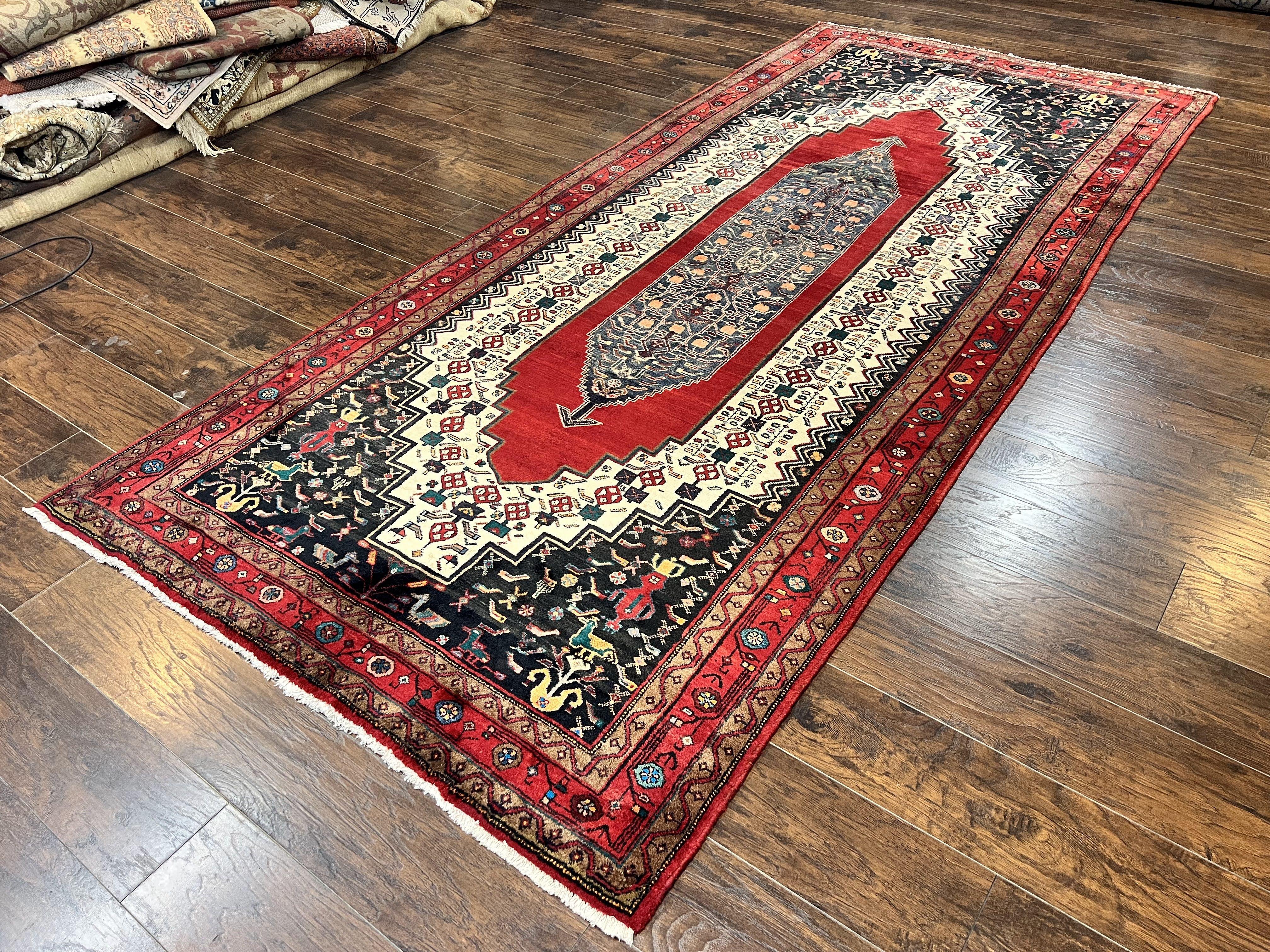 Persian Rug 5x12 ft, Red Cream Navy Blue, Pictorials, Hand Knotted Handmade Wide Runner Tribal Bidjar Semi Antique Wool Geometric Oriental Rug