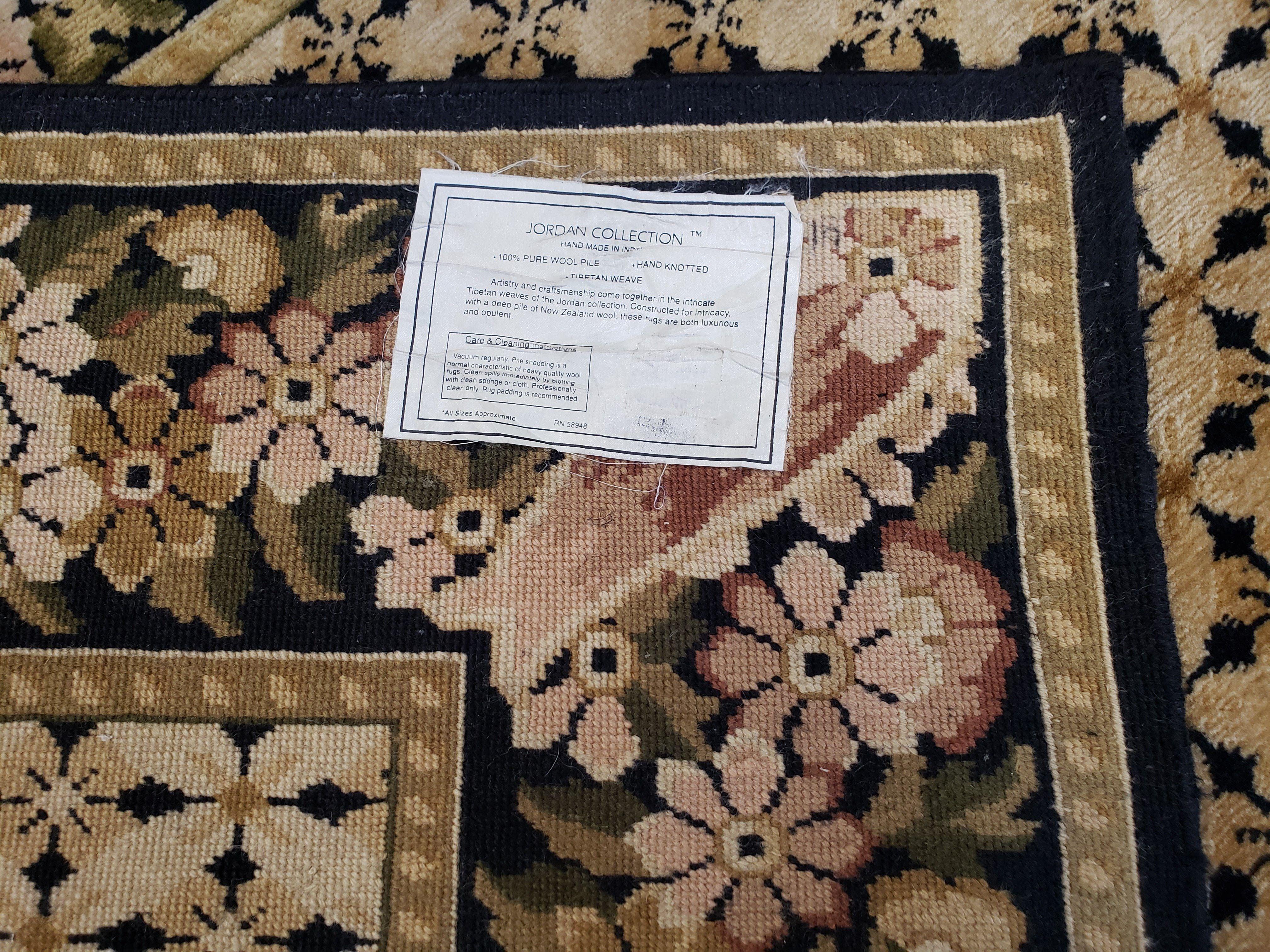 Indian Rug with Tibetan Weave, 6x8 - 6x9 Rugs, Indo-Tibetan Rug, Black and Cream Beige Tan, Floral Border, Soft Rug, Handmade Area Rug, Wool