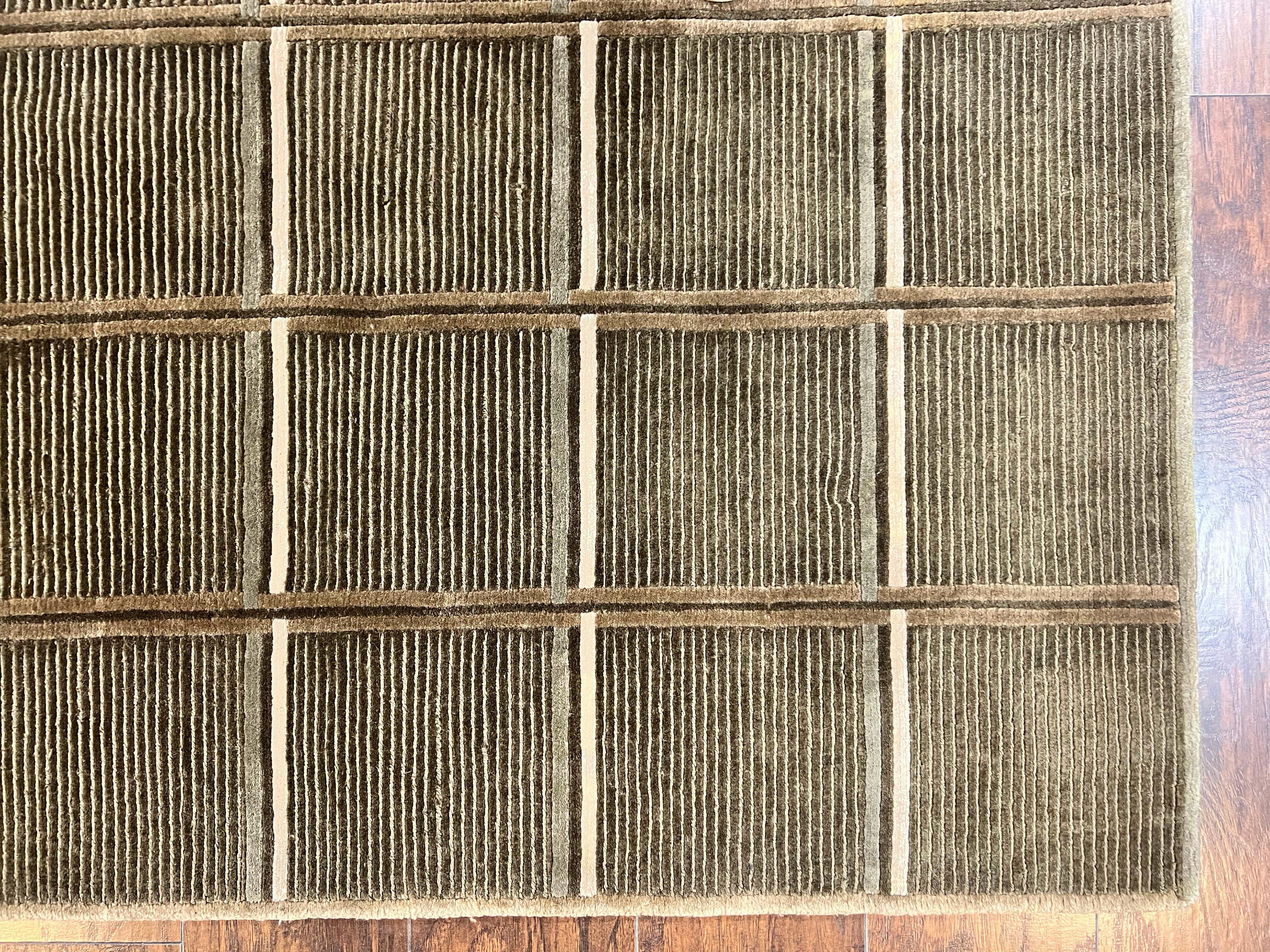 Tibetan Rug 4x6, Green Wool Handmade Area Rug 4 x 6, Panel Design, Modern Contemporary