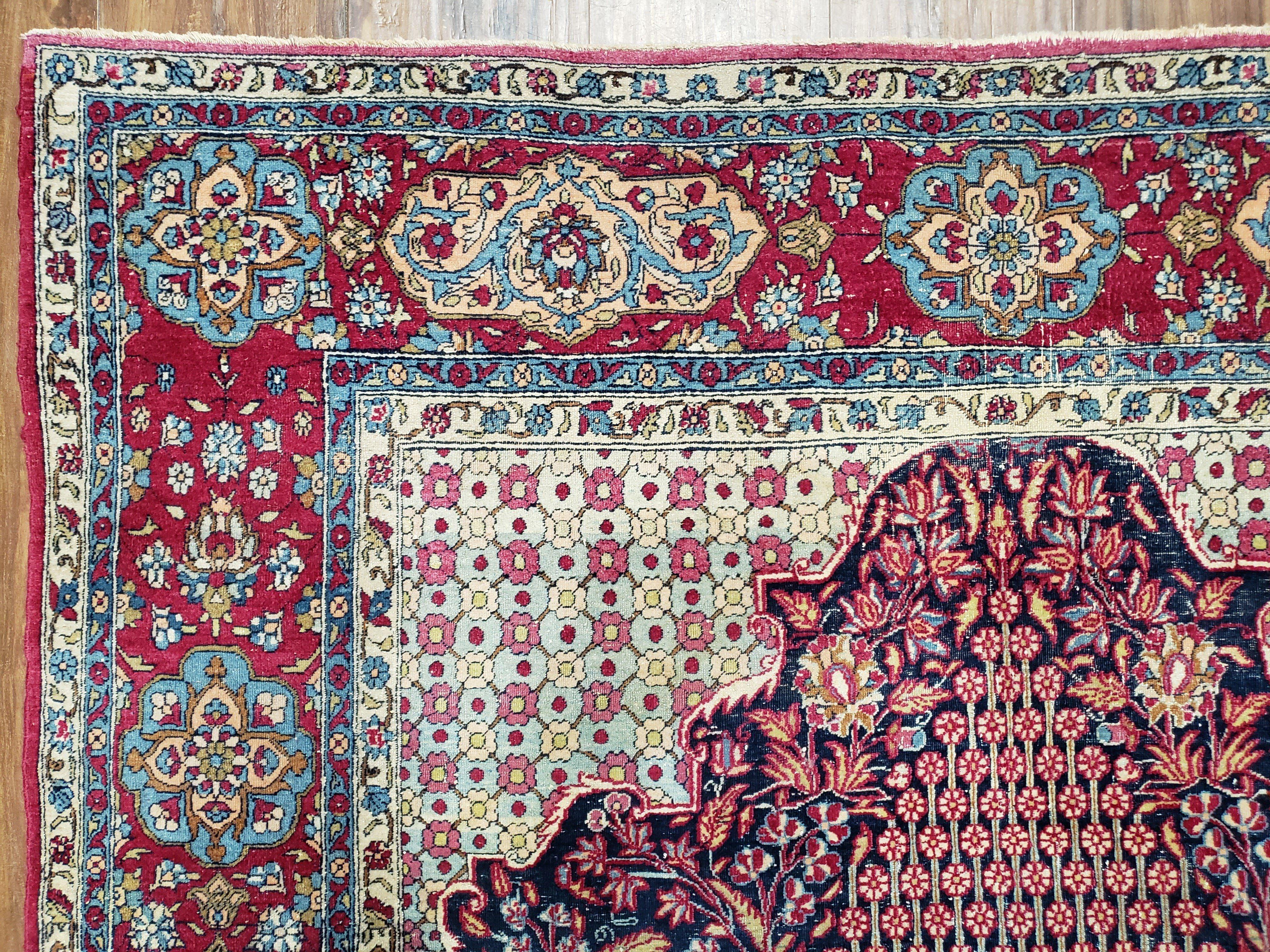 Antique Persian Tehran Rug 5x8, Midnight Blue and Red, Hand-Knotted, Wool