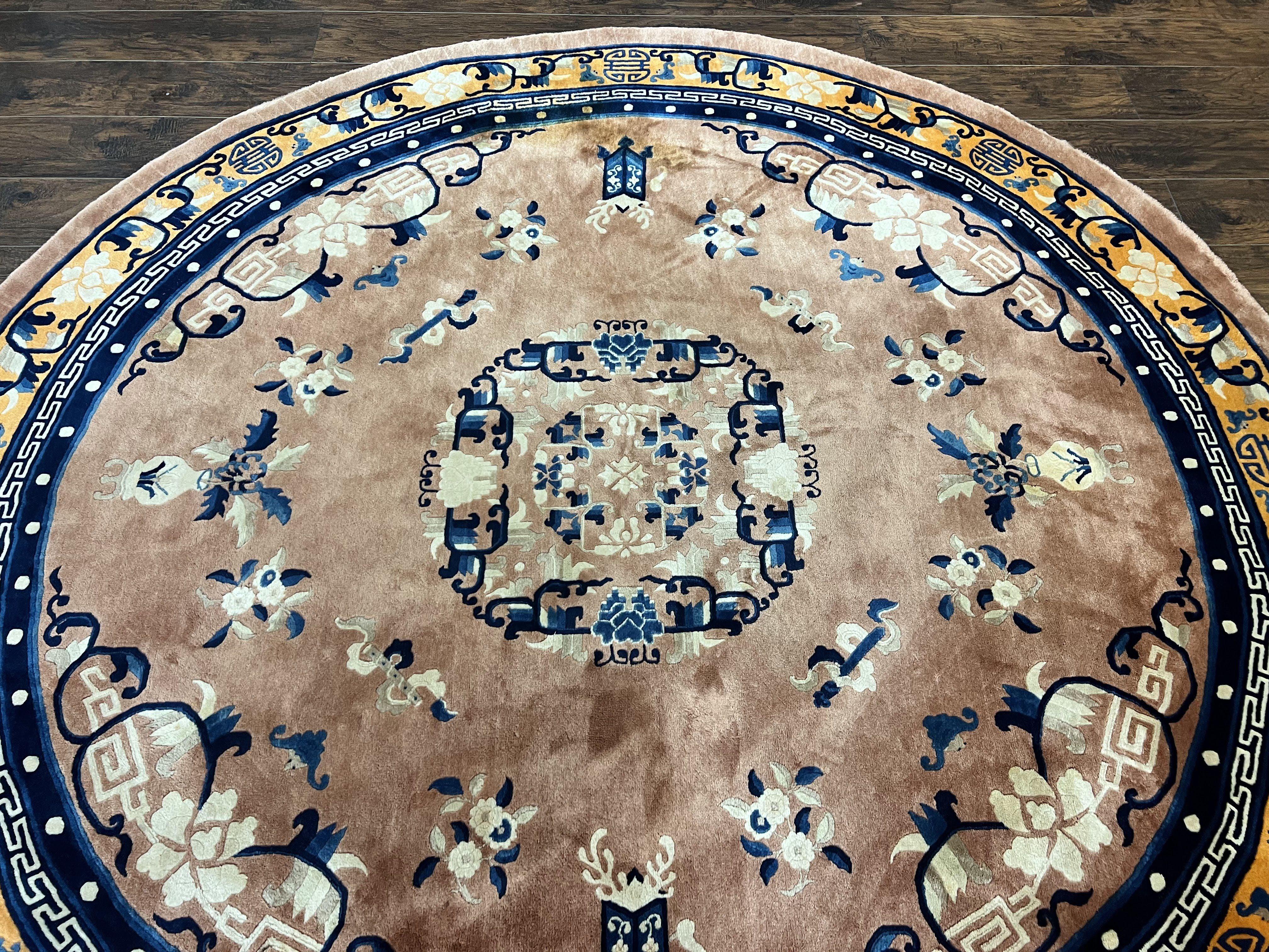 Antique Round Chinese Wool Rug 8x8, Chinese Peking Carpet, Asian Oriental Carpet 8 x 8 ft, Chinese Art Deco Rug, Nichols Rug