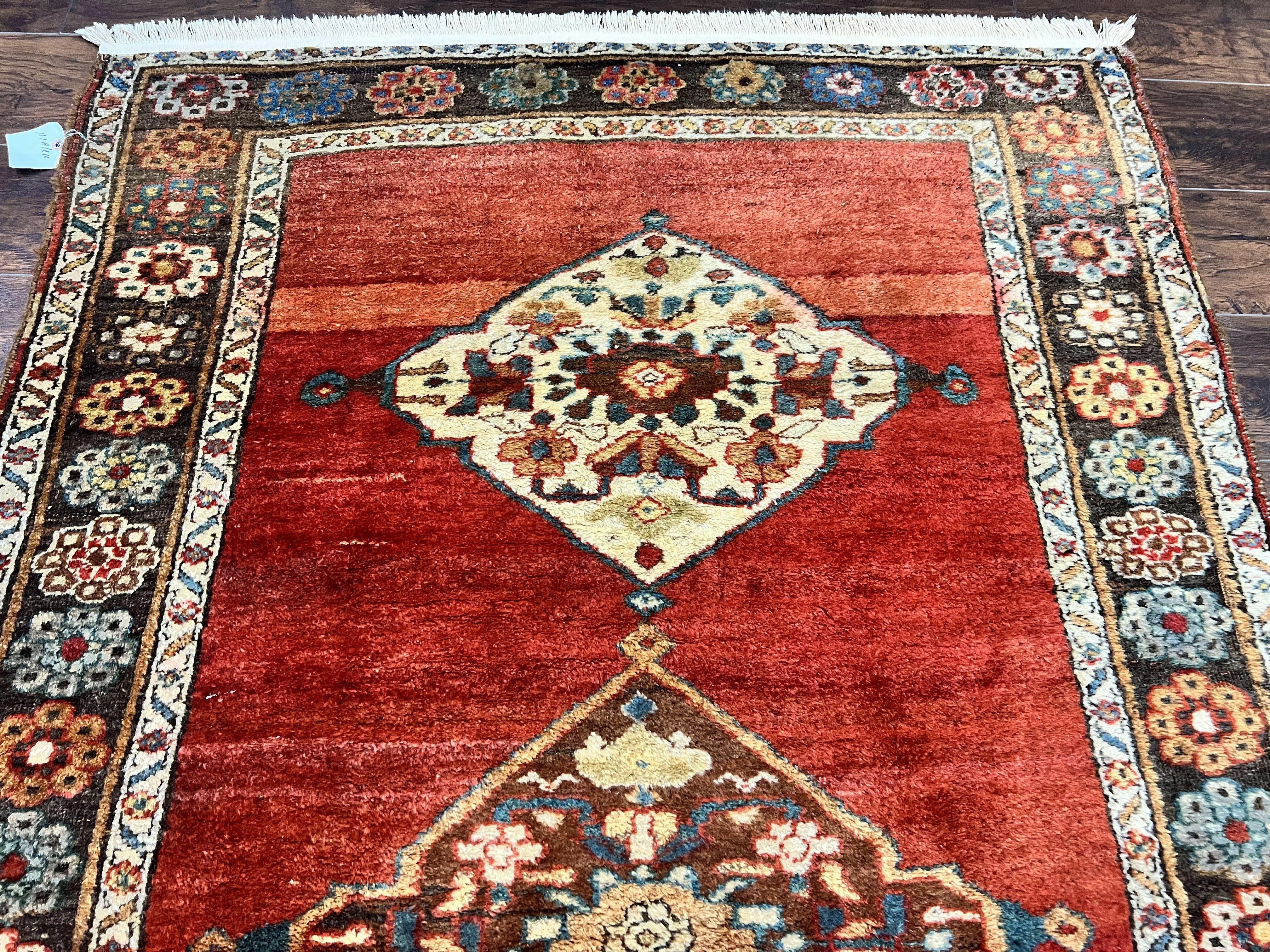 Antique Persian Bidjar Rug 4x8, Triple Medallions, Handmade Oriental Carpet, 1920s Rug, Wool Rug, Red