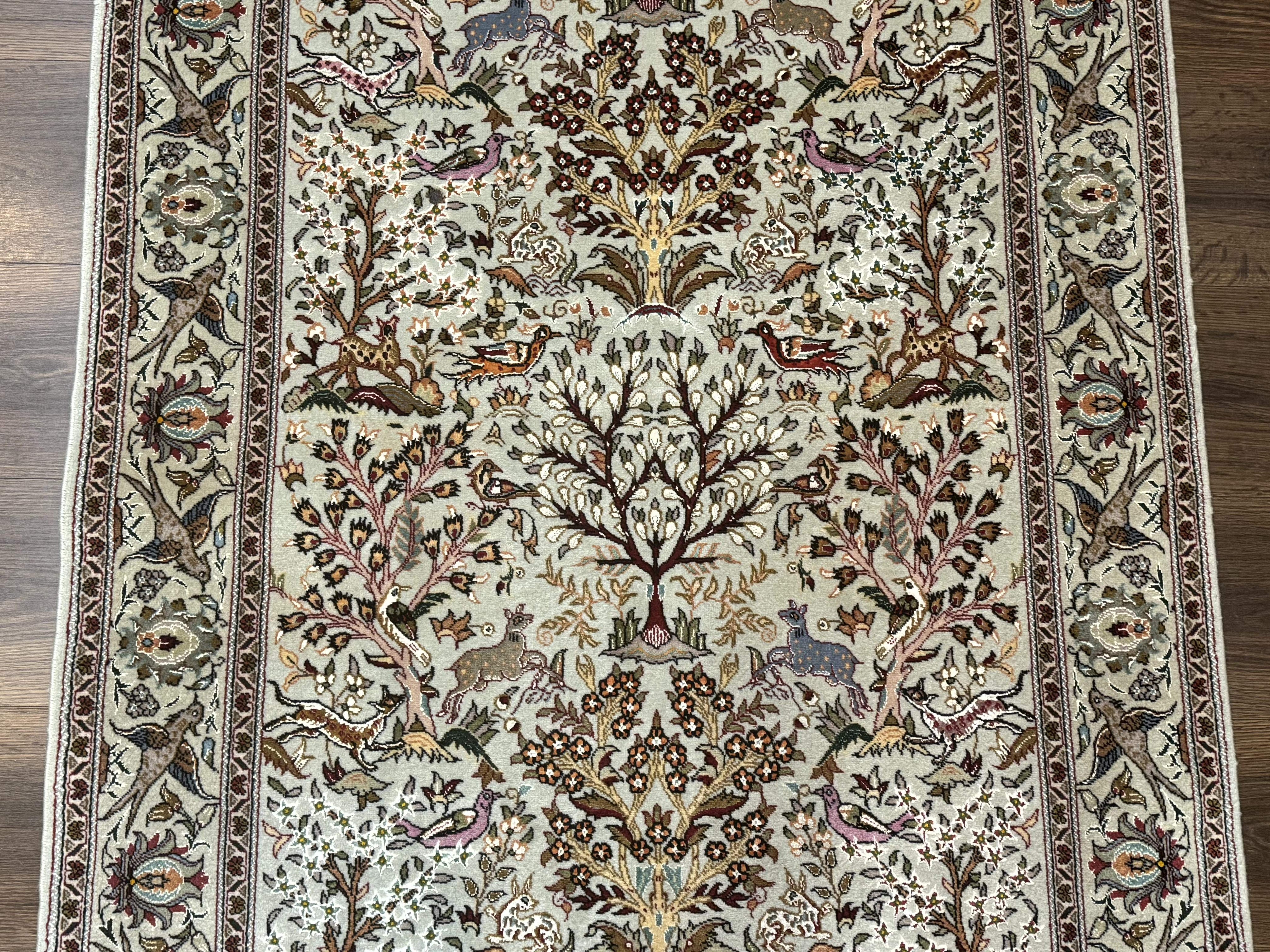 Wonderful Persian Tabriz Rug 3x5, Tree of Life, Animal Pictorials, Birds, Wool & Silk Highlights, Fine 330 KPSI