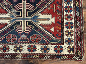 Antique Shirvan Caucasian Rug 3x5, Geometric Pattern, Red Navy Blue Beige