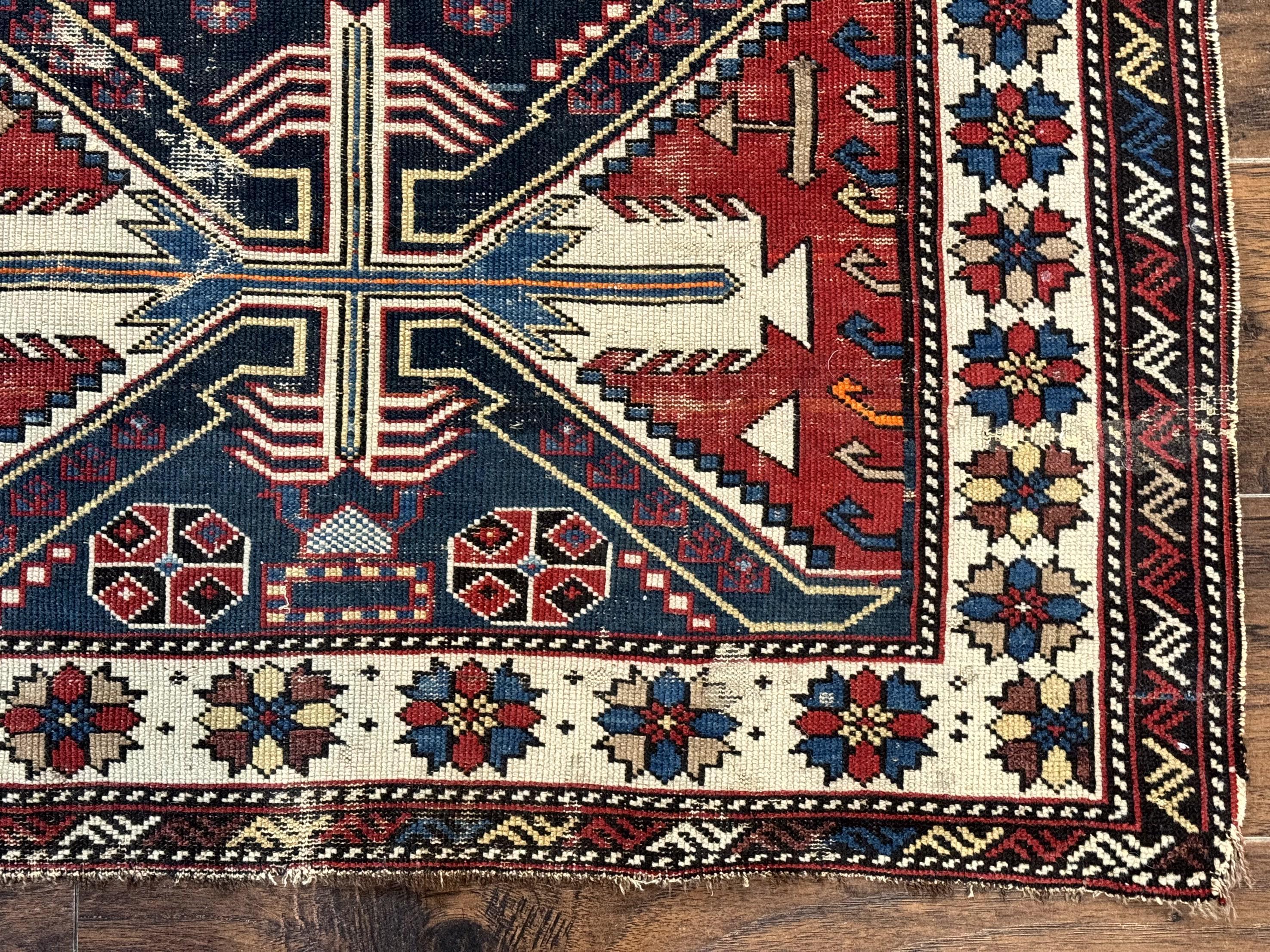 Antique Shirvan Caucasian Rug 3x5, Geometric Pattern, Red Navy Blue Beige